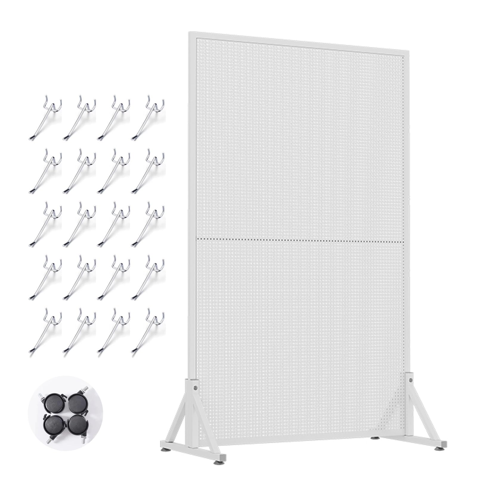 Tablero Perforado De Acero Laminado En Frío, Kits De Panel Perforado De Metal, Con 20 Ganchos De Metal Y 4 Ruedas Universales, Para Paredes, Garaje, Sala De Manualidades, Estanterias Móviles(White,50x
