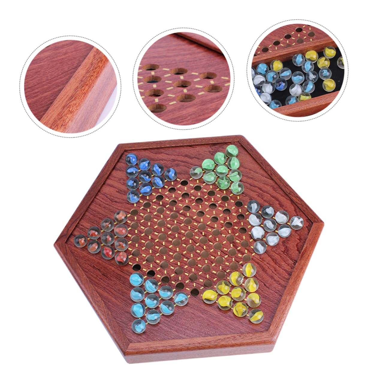 Gioco di Biglie Chinese Checkers Esagonale in Legno | Tradizionale per Ragazzo Ragazza e Adulti, Cassetto Integrato, Tavola Marrone per Intrattenimento Familiare