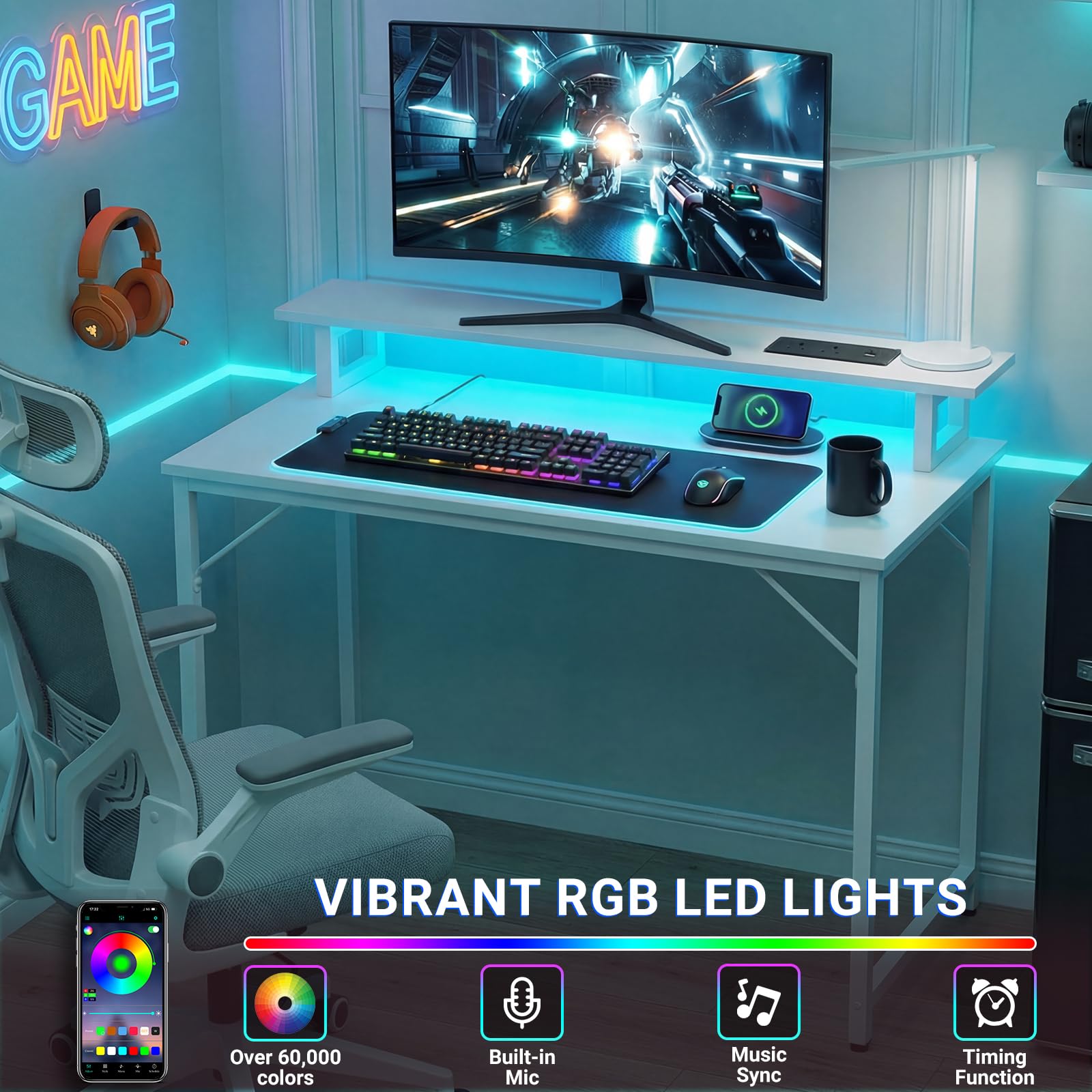 iSunirm Scrivania per computer con strisce elettriche, scrivania da gioco con luci LED, scrivania da lavoro per casa e ufficio con ripiano per monitor, bianca