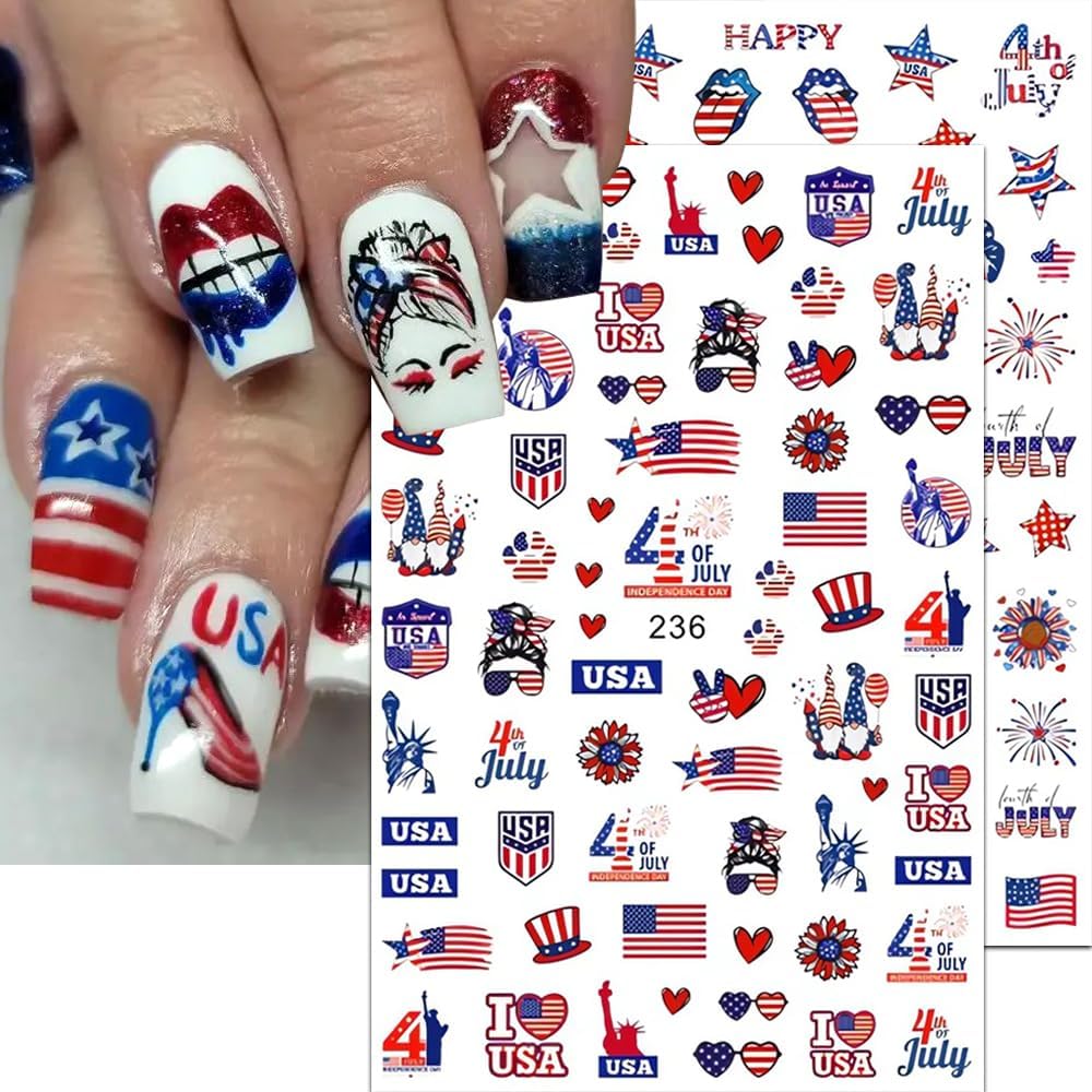 6Pcs 4th of July Nail Stickers Red Blue White Nail Art Stickers American Flag Nail Decals DIY Self Adhesive Flame Butterfly Heart Design Nail Decoration for Women Supplies Manicure Accessories
