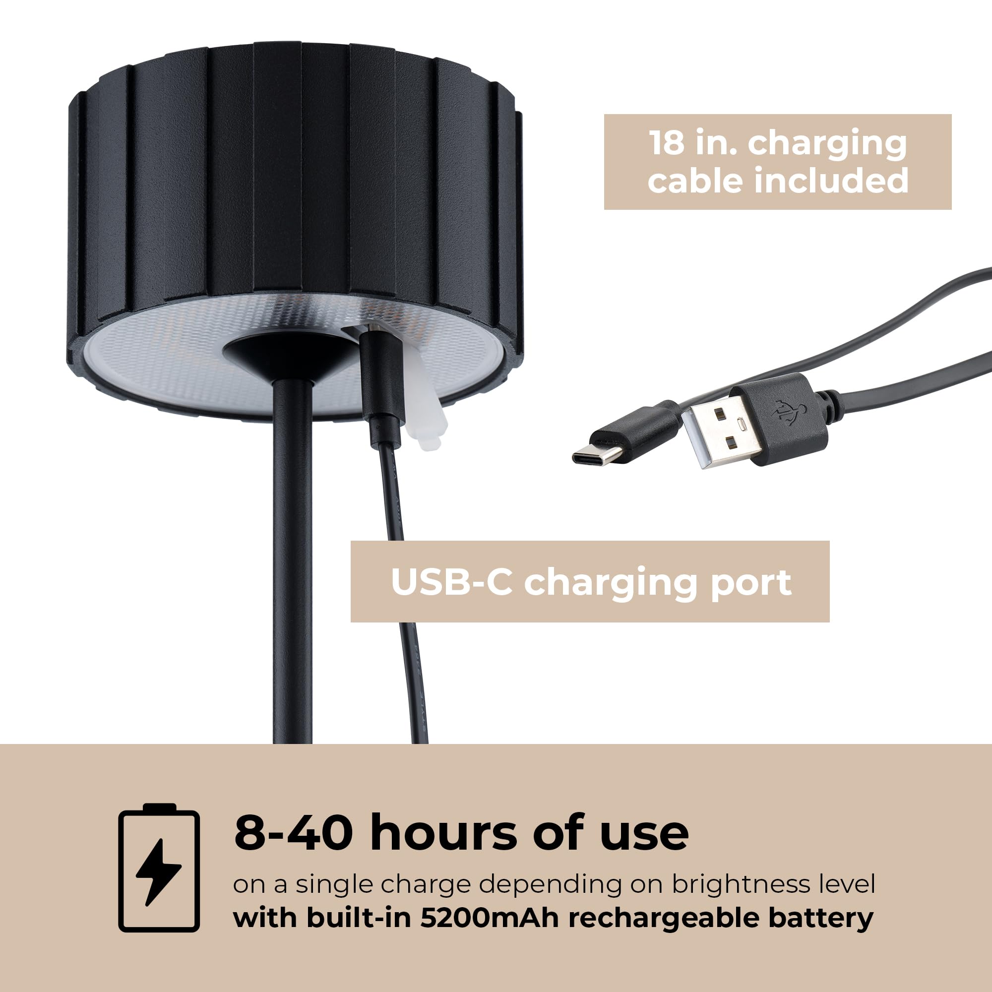 Cog LED Lampe de bureau rechargeable sans fil USB-C 5200 mAh avec 3 températures de couleur 2700 K-3000 K-3500 K et touche marche/arrêt du bout des doigts avec variateur d'intensité Noir