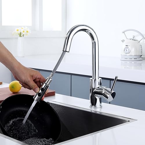 Miniatura 6 de JXMMP Grifo de barra cromada de un solo agujero, grifos de fregadero de barra de acero inoxidable de una sola manija con rociador extraíble, moderno