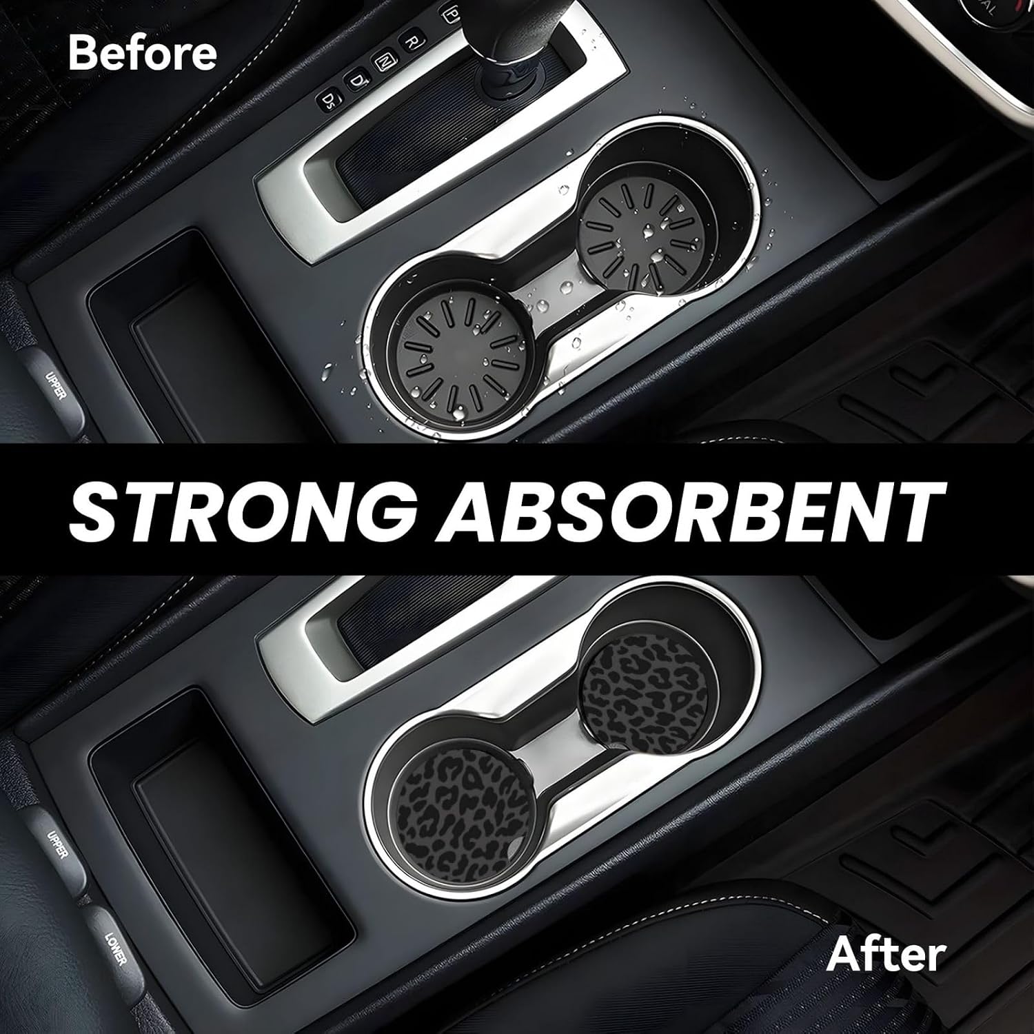 KARREAL Black Leopard Print Steering Wheel Cover & 2 Pcs Ceramic Absorbent Cupholder Coasters, Car Accessories Decorations for Women, Fit 14.5-15 Inch Auto, Suvs, Truck