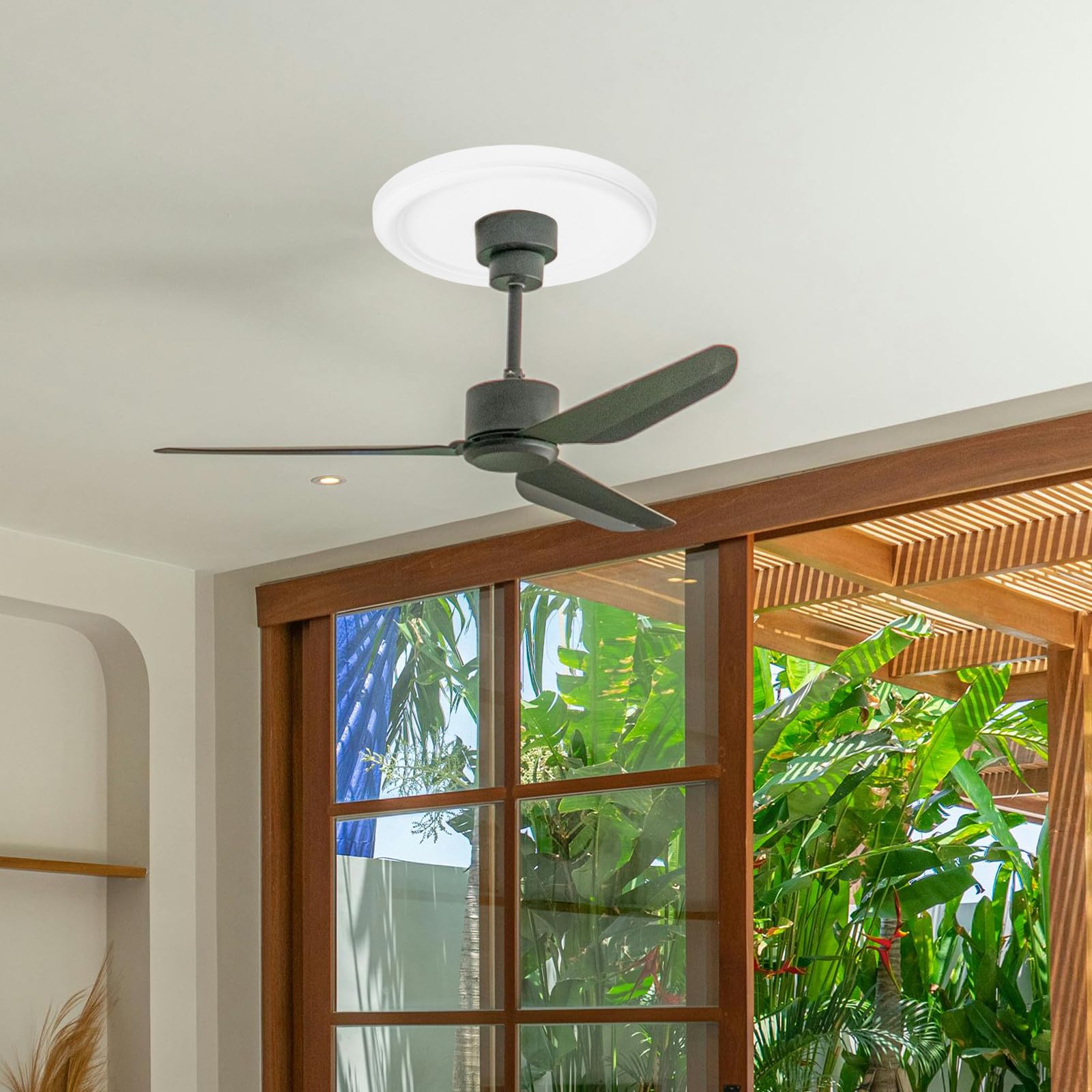 Genérico Medallón Decorativo de Poliuretano Redondo para Ventiladores de Techo Blanco Instalación Fácil y Desmontable para Salas y Dormitorios