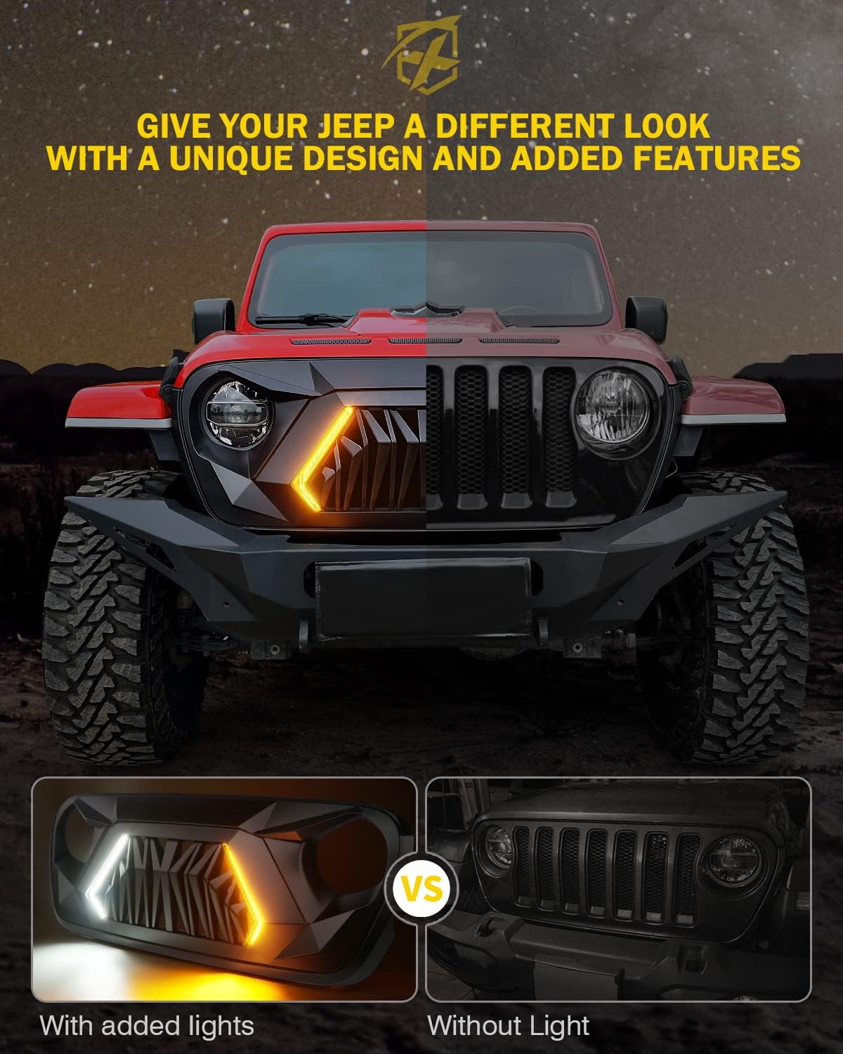 Xprite Front Grill Replacement Compatible with 2018-2026 Jeep Wrangler JL JLU & 2020+ Gladiator JT, Matte Black Shark Grille w/Running and Turn Signals Light