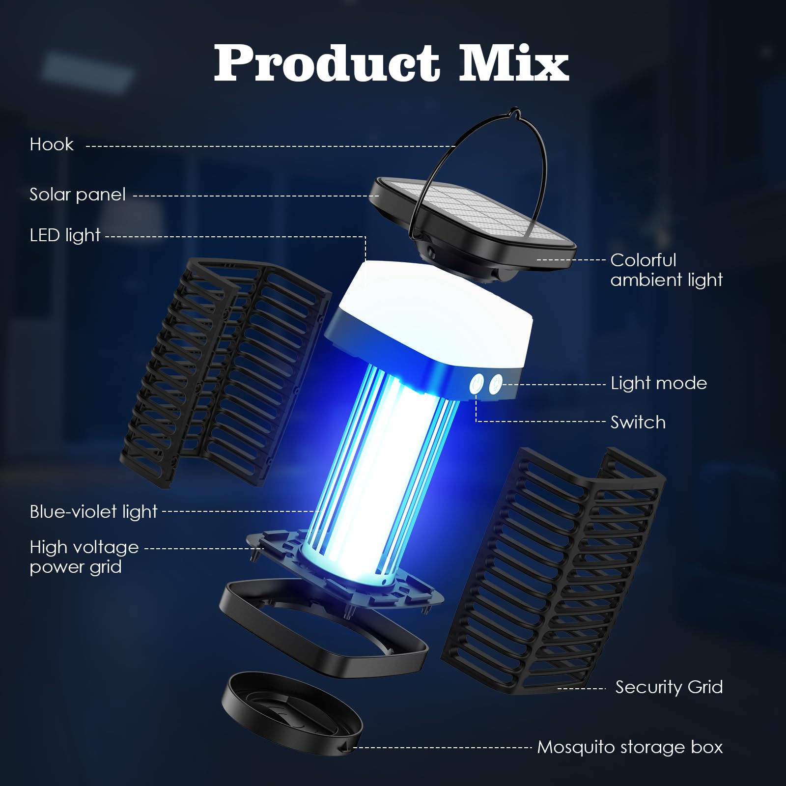 Qoosea Anti-Moustique Solaire Électrique, Lampe Tue-Moustiques avec Grille 4200V Recharge USB-C Batterie 4000mAh IP65 Étanche Piège à Insectes pour Maison Cuisine Chambre Jardin Intérieur et Extérieur