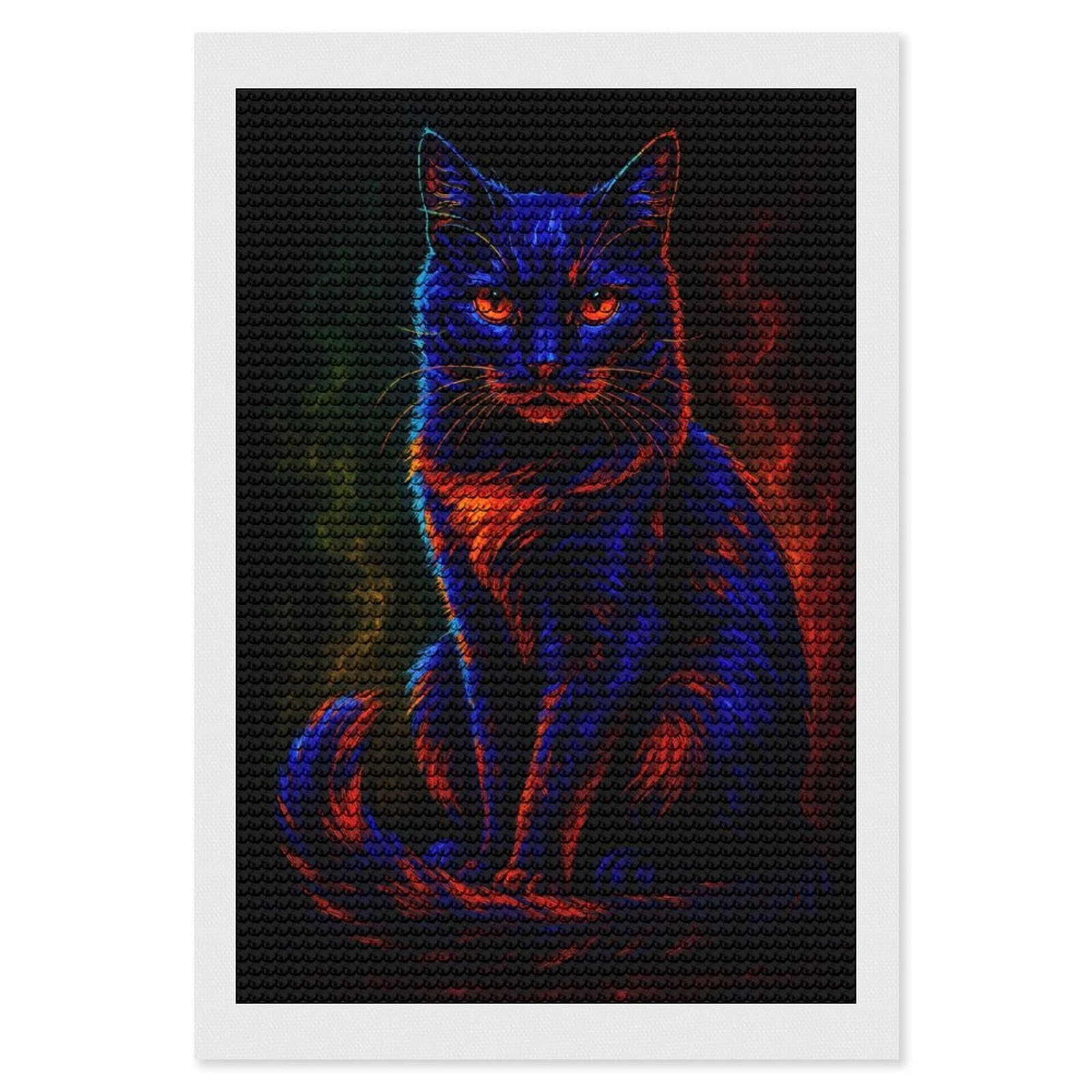 Junmoney Neon Cat Portrait Diamond Art Canvas 8"x12", for Creative Relaxation, Simple to Start, Aesthetic Room Decor, Holiday Gift Idea