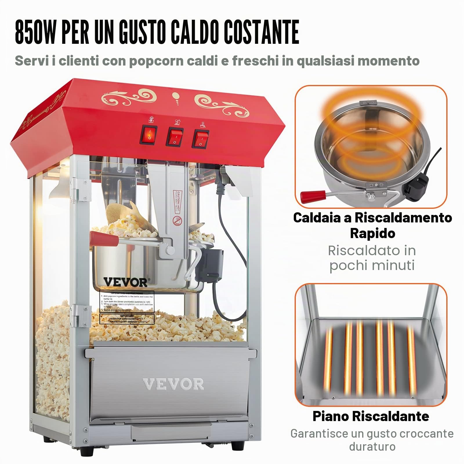 VEVOR Macchina commerciale per popcorn bollitore da 8 once macchina popcorn per controsoffitto 850 W per 48 tazze per lotto, popper stile teatro con telaio in acciaio di controllo 3