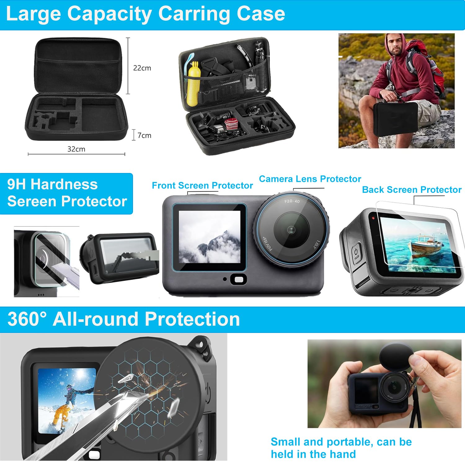 Accessori per DJI Osmo Action 5 Pro/4/3, custodia impermeabile Saprdii, pellicola proteggi schermo, filtro accessori subacquei, supporto per bicicletta selfie stick, supporti per torace/testa/manubrio