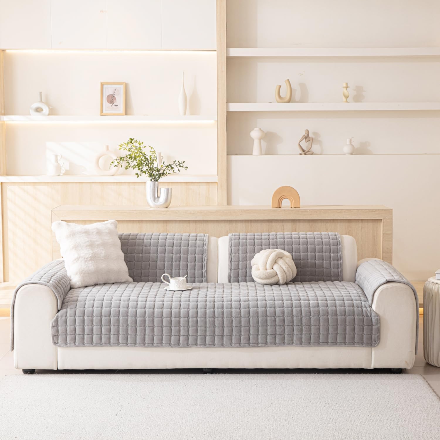 BOV Light Gray Quilted Loveseat Sofa Cover 36"x71" – Non Slip Couch Cover Washable, Plush Pet Sofa Cover with Rubber Backed Design, Dog Couch Covers for Sectional Sofa