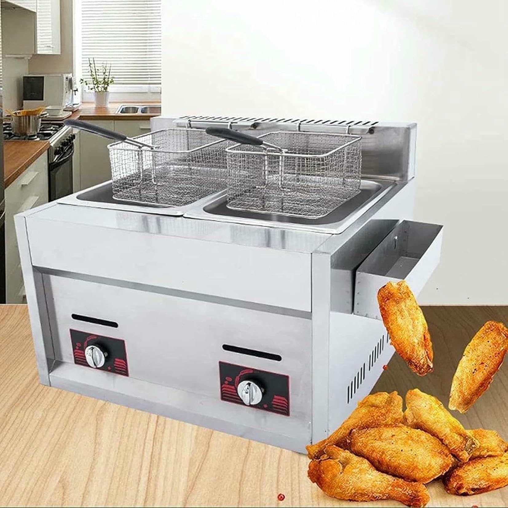 Canasta De Freidora De Grasa Comercial 610l Freidora Profunda De Gases Profundas, Tanques Duales Freidora De Acero Inoxidable, Freidora Profunda De Encimera De Gas Profesional Para Fryes Franceses ~/