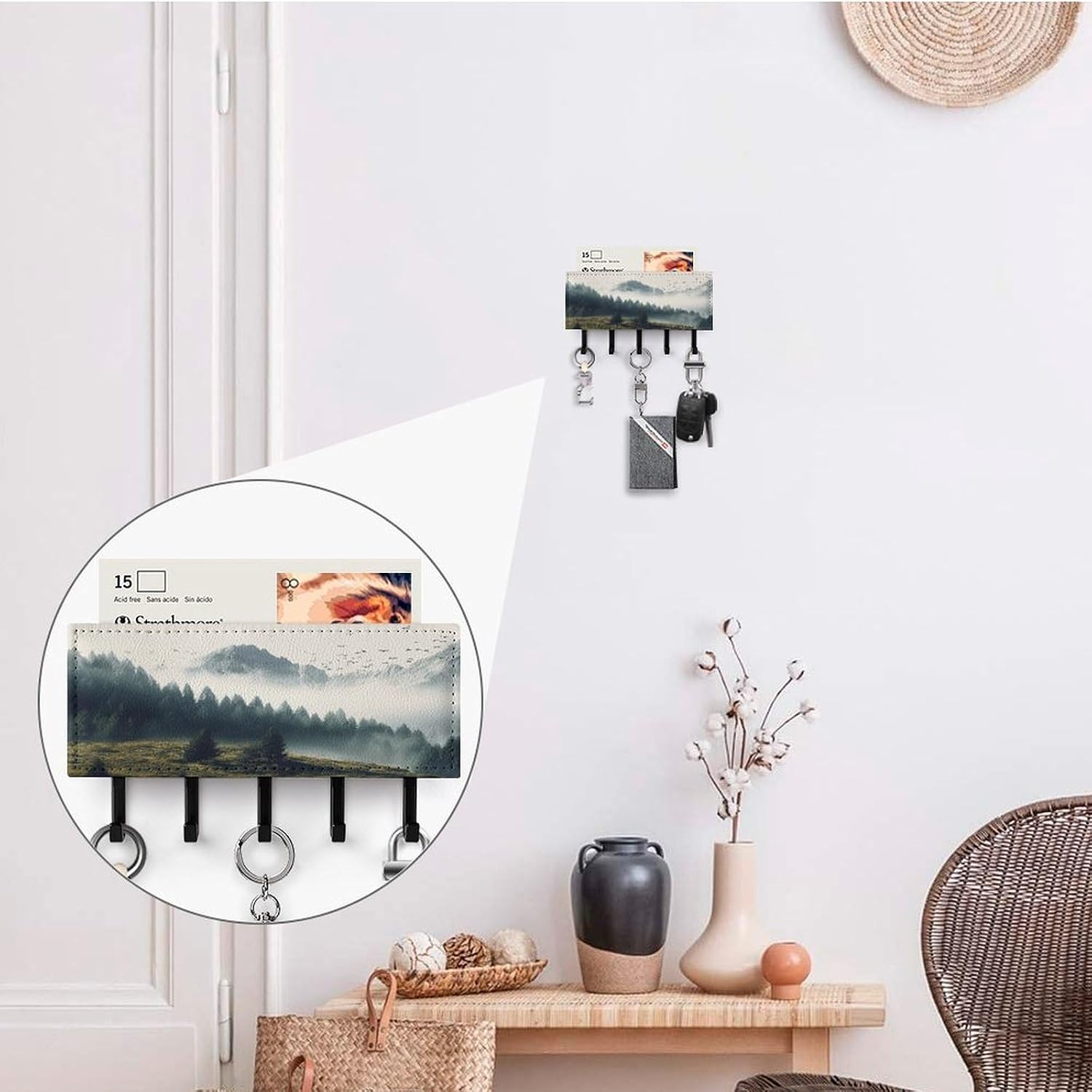 PU Leather Key Holder Wall Mount Key Organizer, Decorative Adhesive Key Rack with 5 Key Hooks, Fashion Landscape Mountain Key Hanger Decor for Entryway Door Bathroom Kitchen Hallway