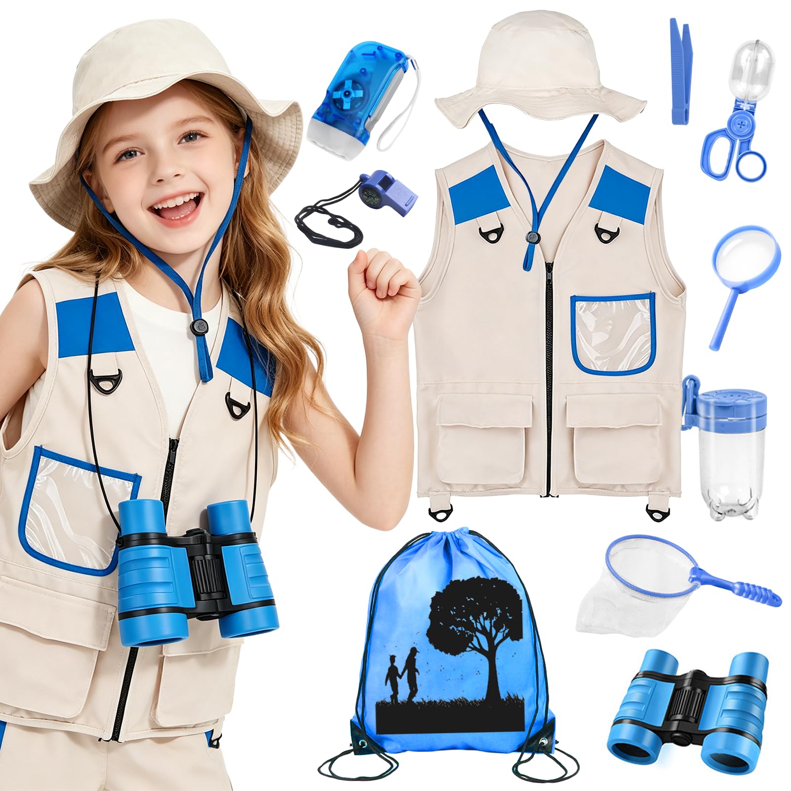 Xerteam Explorer Costume Kids, 11Pcs Safari Costume Paleontologist Costume with Explorer Hat, Vest, Binoculars, Butterfly Net, Outdoor Children's Camping Equipment for 3-10 Year Old Boys, Toy Gift