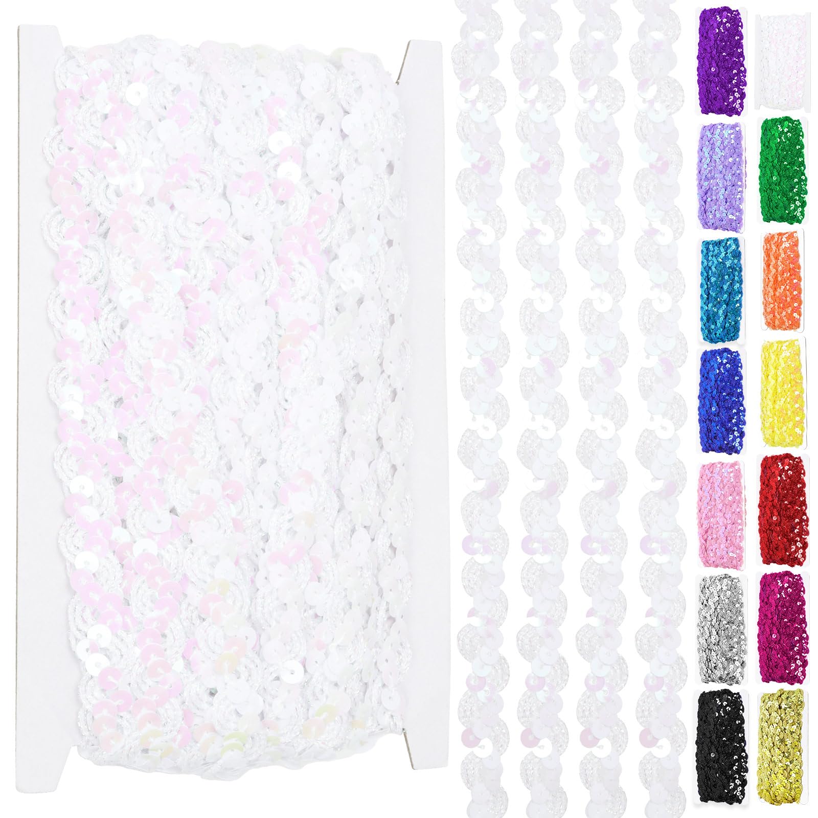 Swpeet 11 Yards 0.6Inch White Wave Sequin Braid Trim Strip, Flat Glitter Sequin Braid Trim, Sequins Beaded Lace Ribbon, Paillette Sequins Ribbon for Sewing Clothes, Decoration, DIY Crafts﻿ — image 1