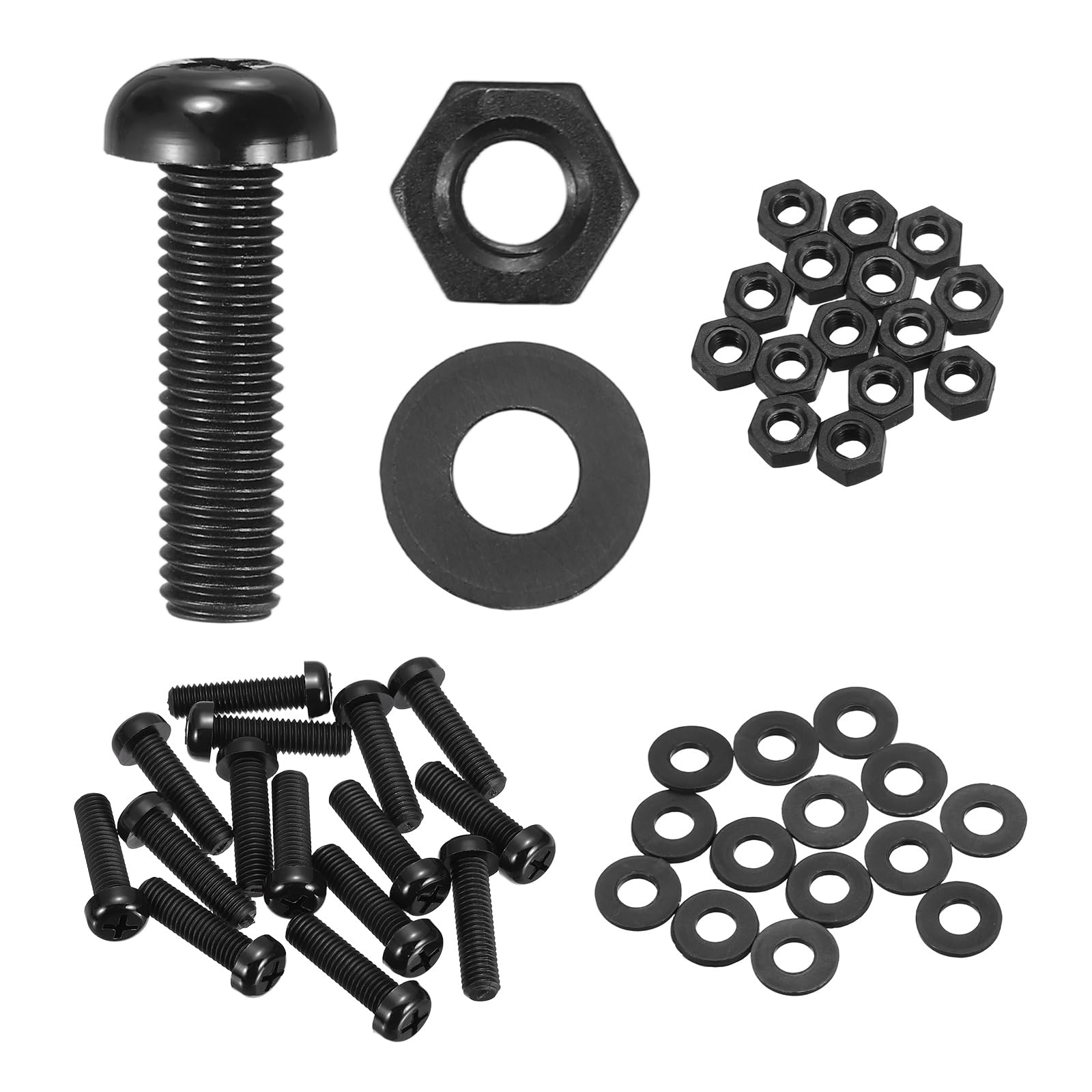 sourcing map 15 Set M8x30mm Nylon PA66 Plastic Cross Round Head Screw Phillips Bolts Hex Nuts Flat Washers Assortment Kit, Metric Full Thread Bolt Fasteners for DIY Machine Assembly, Black — image 1