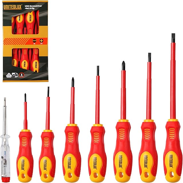 UNITEDLUX 8 Pieces VDE Insulated Screwdriver Set 1000V with Black Tip Magnetic, TPR Handle Electrician Soft-Grip Slotted Phillips and Pozi Tools with Safety Tester for Electrician Repair