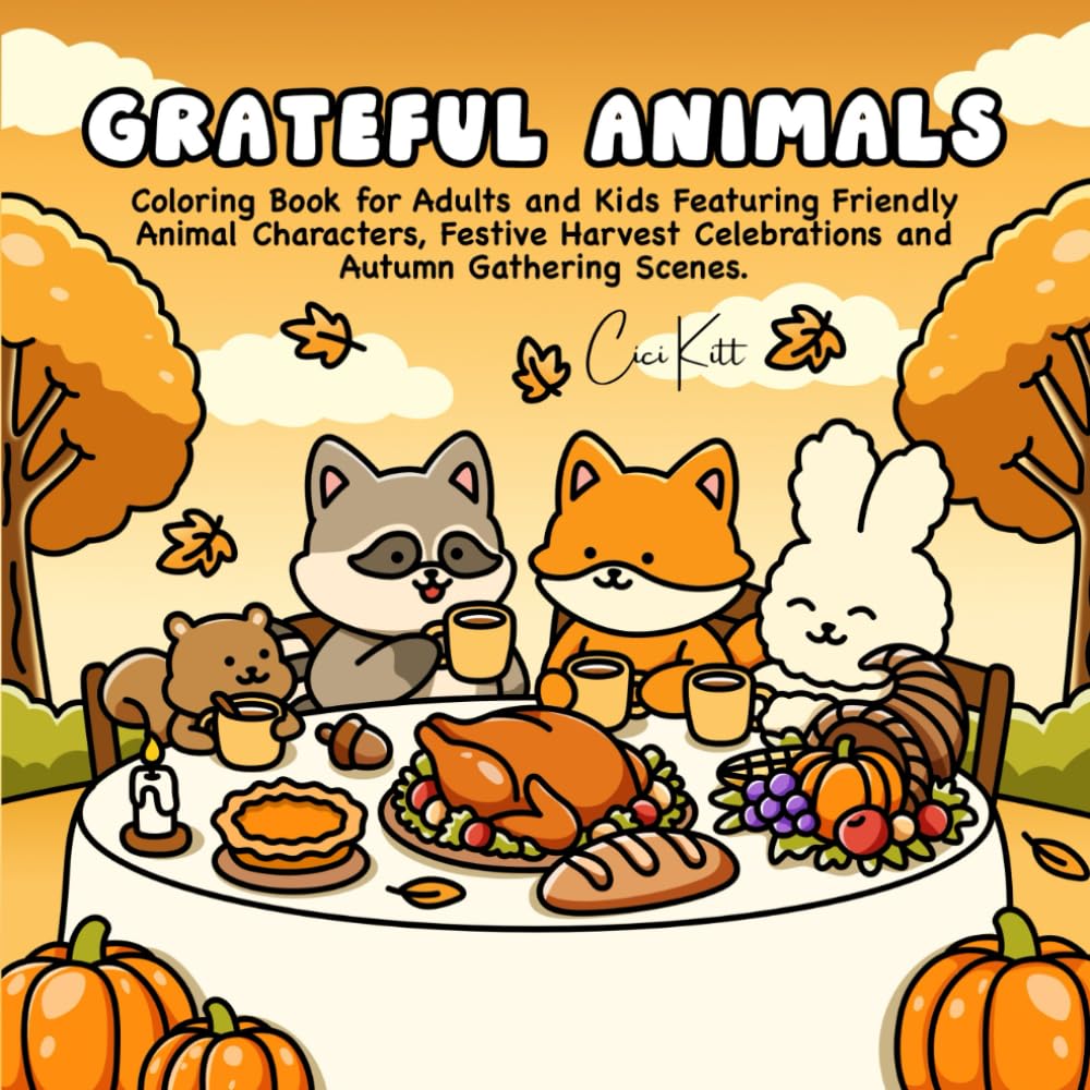 Grateful Animals: Cozy Thanksgiving Coloring Book for Adults and Kids Featuring Friendly Animal Characters, Festive Harvest Celebrations and Autumn Gathering Scenes