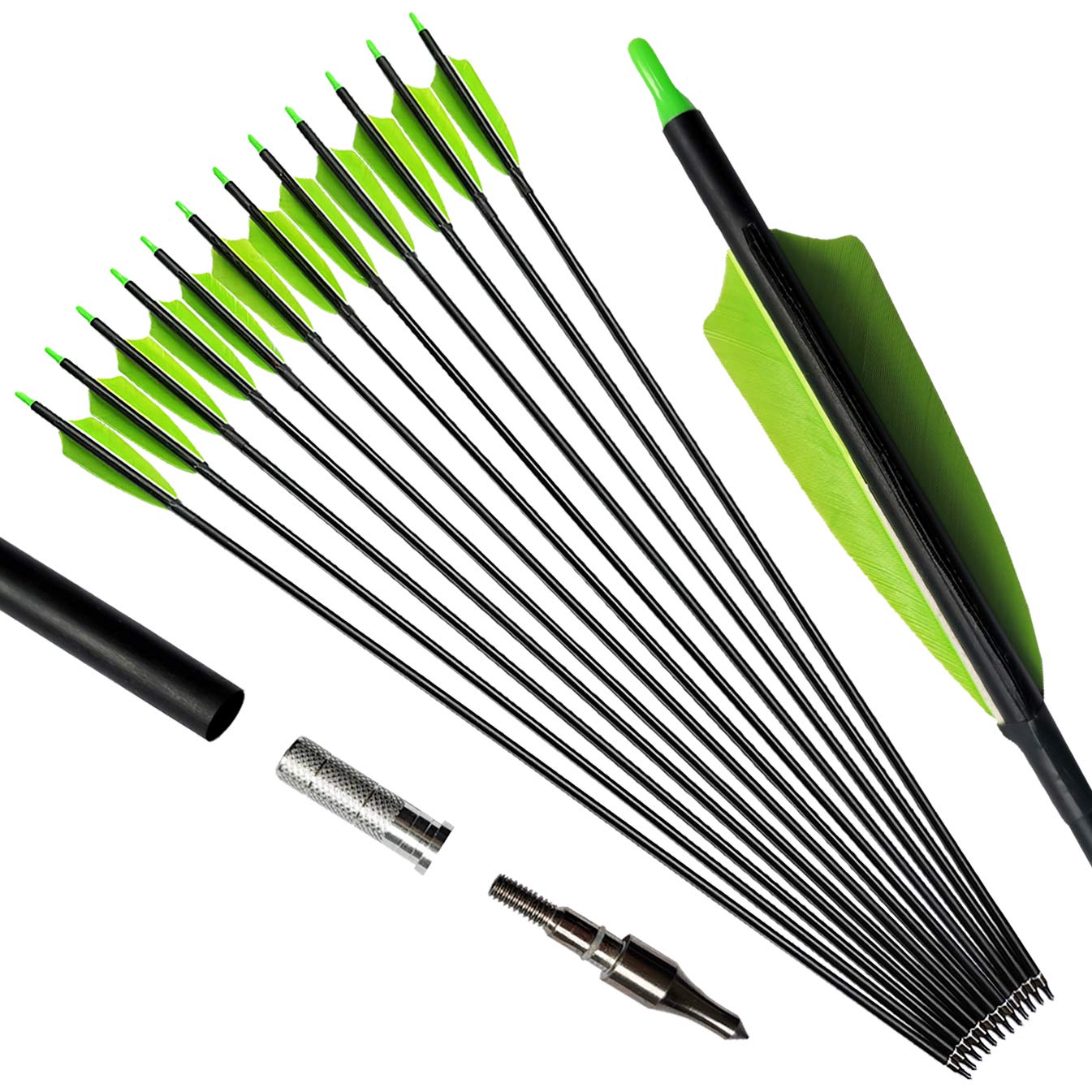 PANDARUS Archery 31-Inch Carbon Hunting Arrows, Turkey Feather Fletching with Replaceable Points, Targeting Practice Arrows Spine 500 for Recurve Bow, Longbow, Traditional Bow (Green)