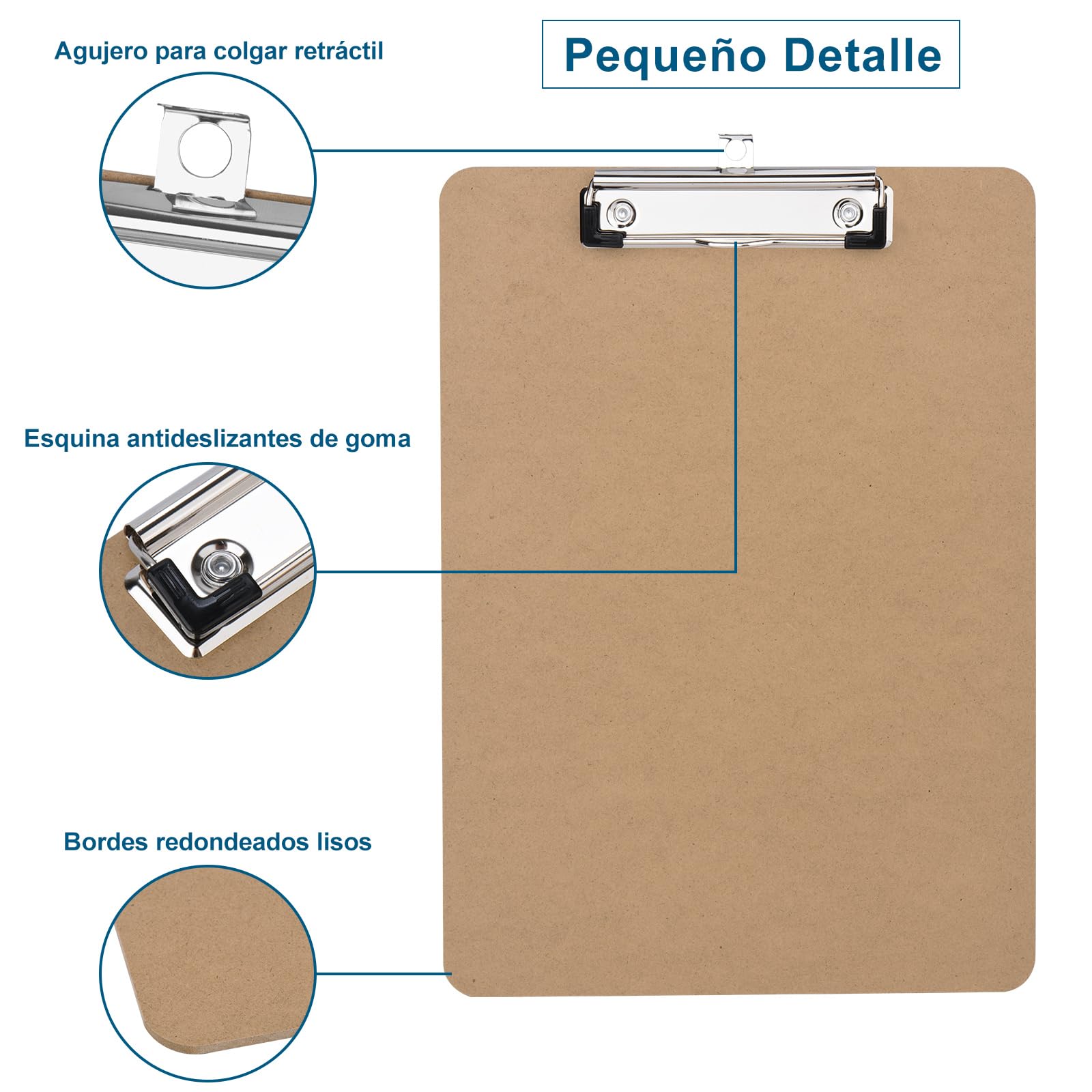 ZCZN Portapapeles con Pinza A4, Pack de 4 Clipboard Madera Rígido A4 con Clip de Perfil Bajo y Agujero para Colgar Retráctil
