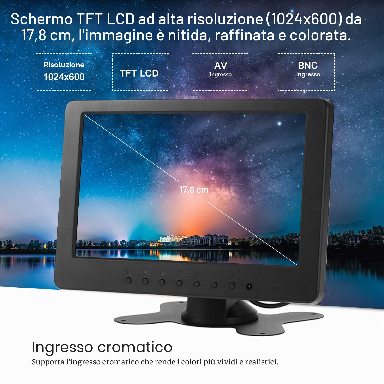 docooler Monitor 7 Pollici per Telecamera TFT LCD 16: 9 1024 x 600 BNC AV Video Audio per la Sicurezza PC VCD Dvd Spina EU