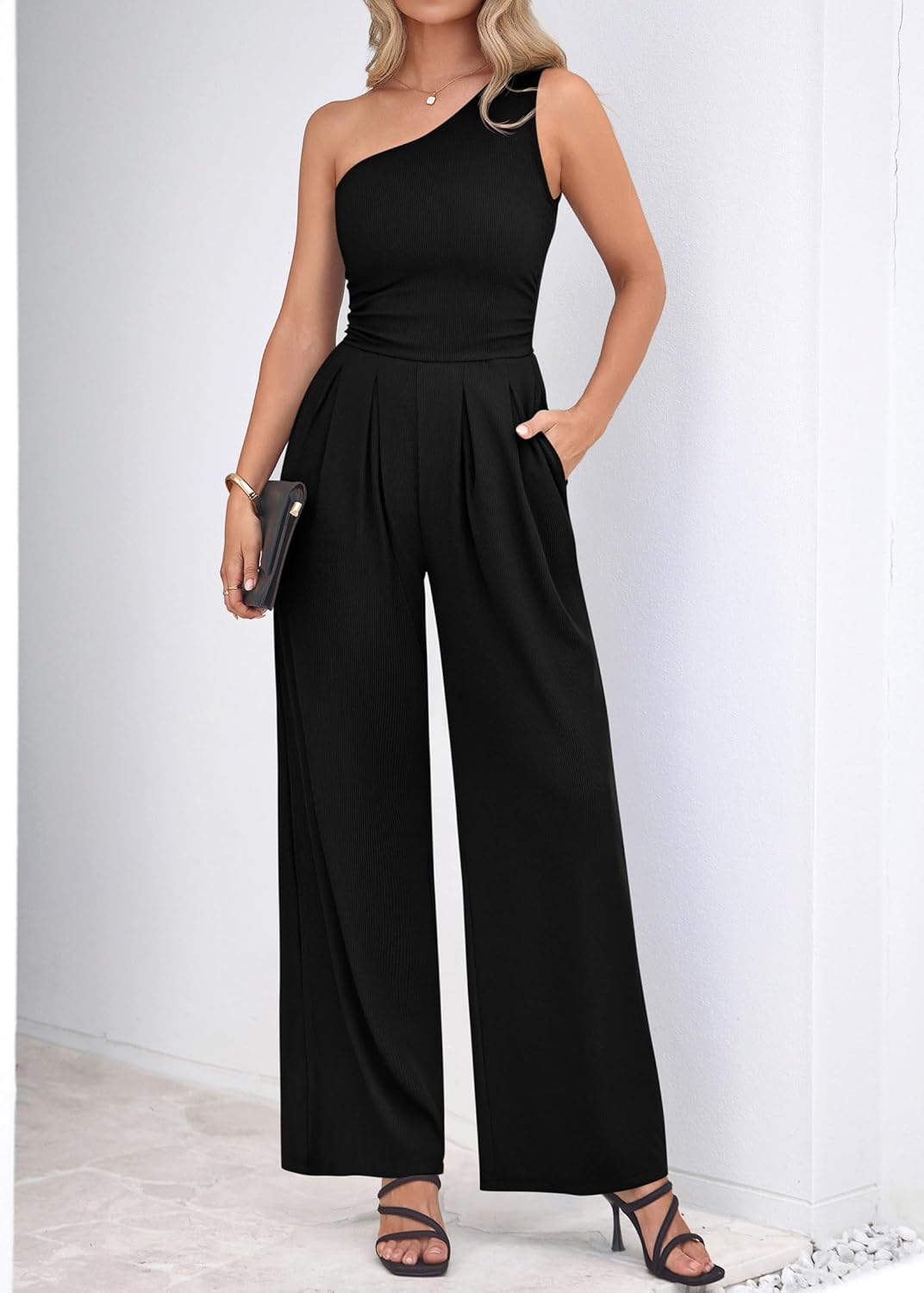 KIRUNDO One Piece Jumpsuits For Women Dressy 2026 Sleeveless One Shoulder Ribbed Wide Leg Rompers With Pockets Summer Outfits - Image 5
