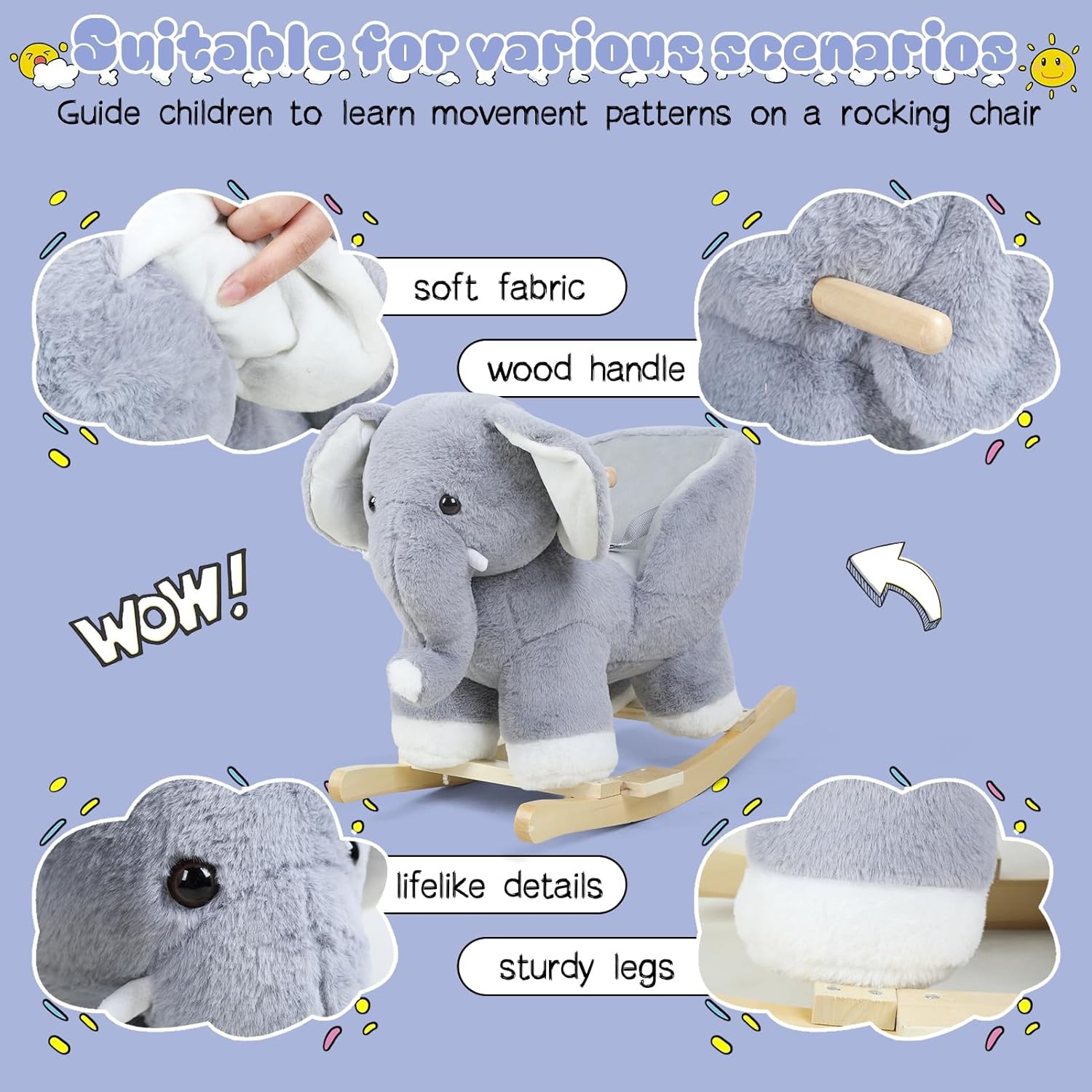 Baby Rocking Horse, Elephant Rocking-Horse for Toddlers 1-3, Plush Rocking Animal with Music & Safety Belt, Wooden Base Baby Rocker Chair, First Birthday Gift for Babies Gray Elephant