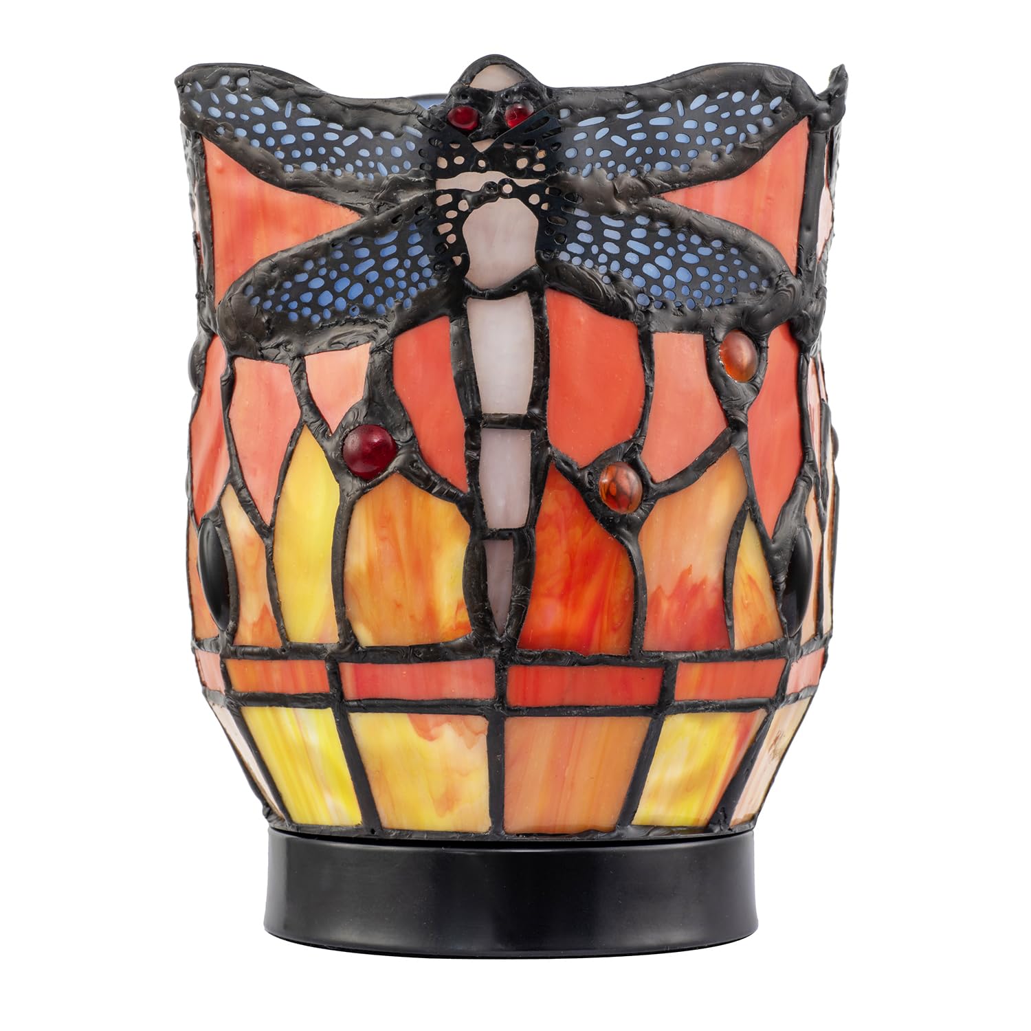 Happy Homewares Classic Dragonfly Tiffany Uplighter Lamp In Orange And Toned Amber, Orange