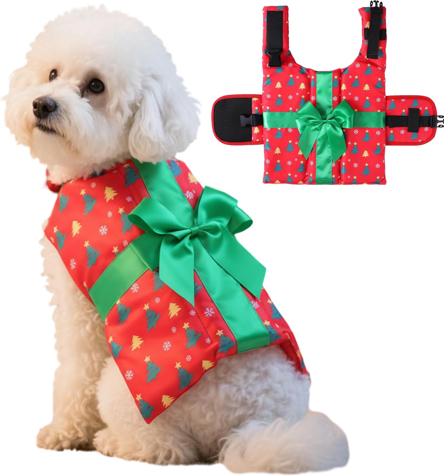 Dog Gift Christmas Costumes Xmas Present Outfit Holiday Clothe Shirt Christmas Dog Pet Costume for Tree Snowflake Red Green Pattern with Bow Life Jacket Swimming Boating Water Flotation(M)