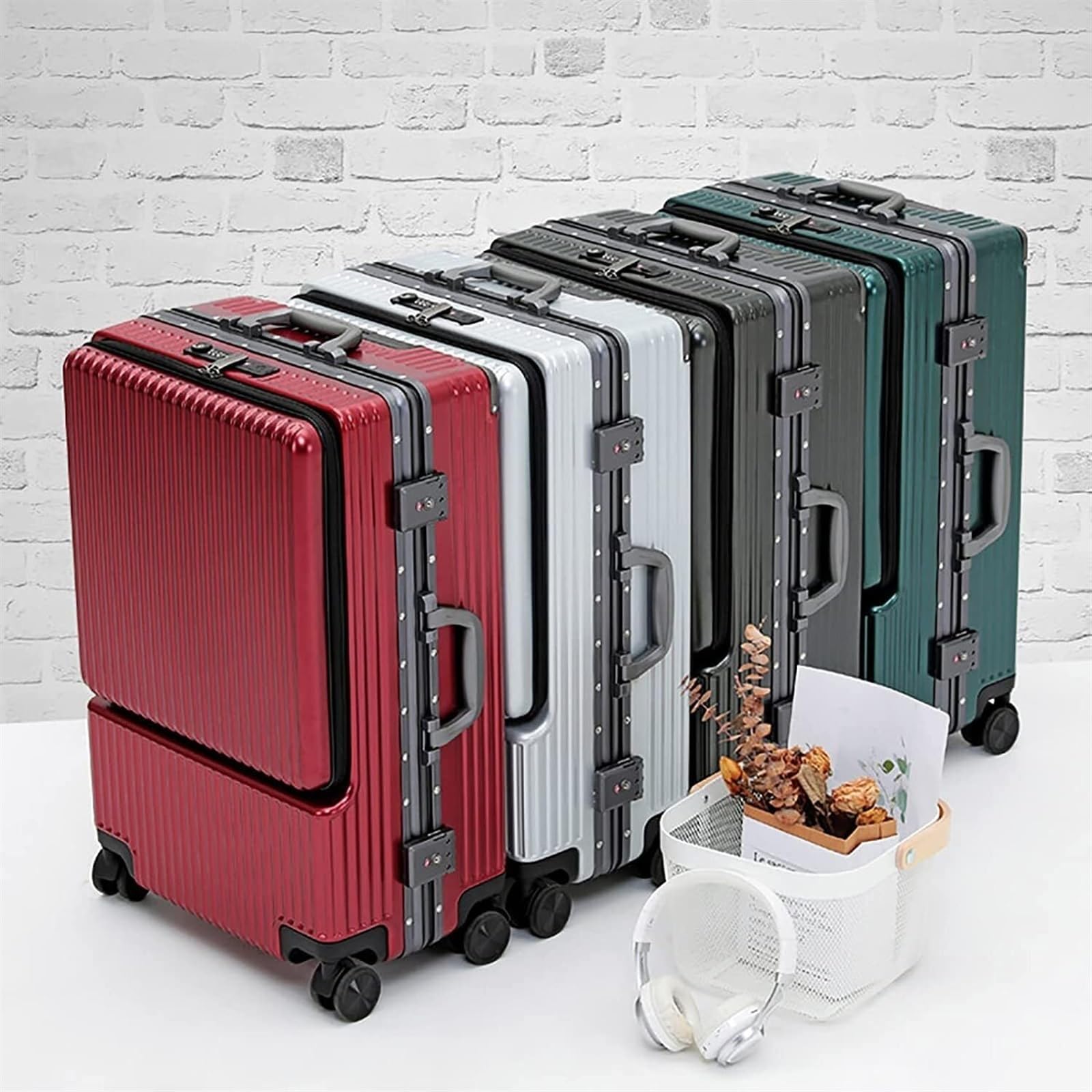 Valigia Bagagli con Tasca Frontale, Valigia Telaio in Alluminio Porta di Ricarica USB E Lucchetto TSA Bagaglio a Mano(Rot,26 in)