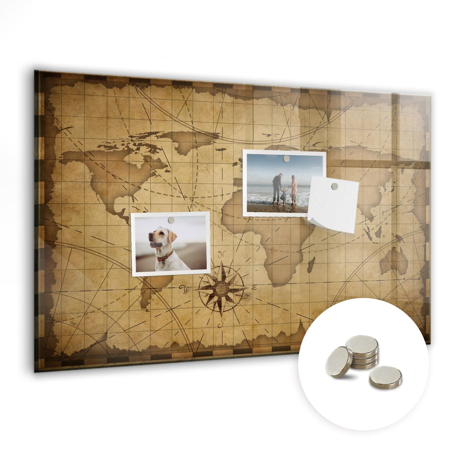 Glasmagnettafel mit Zubehör-Set | Magnetisch, beschreibbar, abwischbar | Planungsboard für Notizen, Aufgaben & Ideen | Ideal für Zuhause & Arbeitsplatz - 60x40cm Vintage-Weltkarte