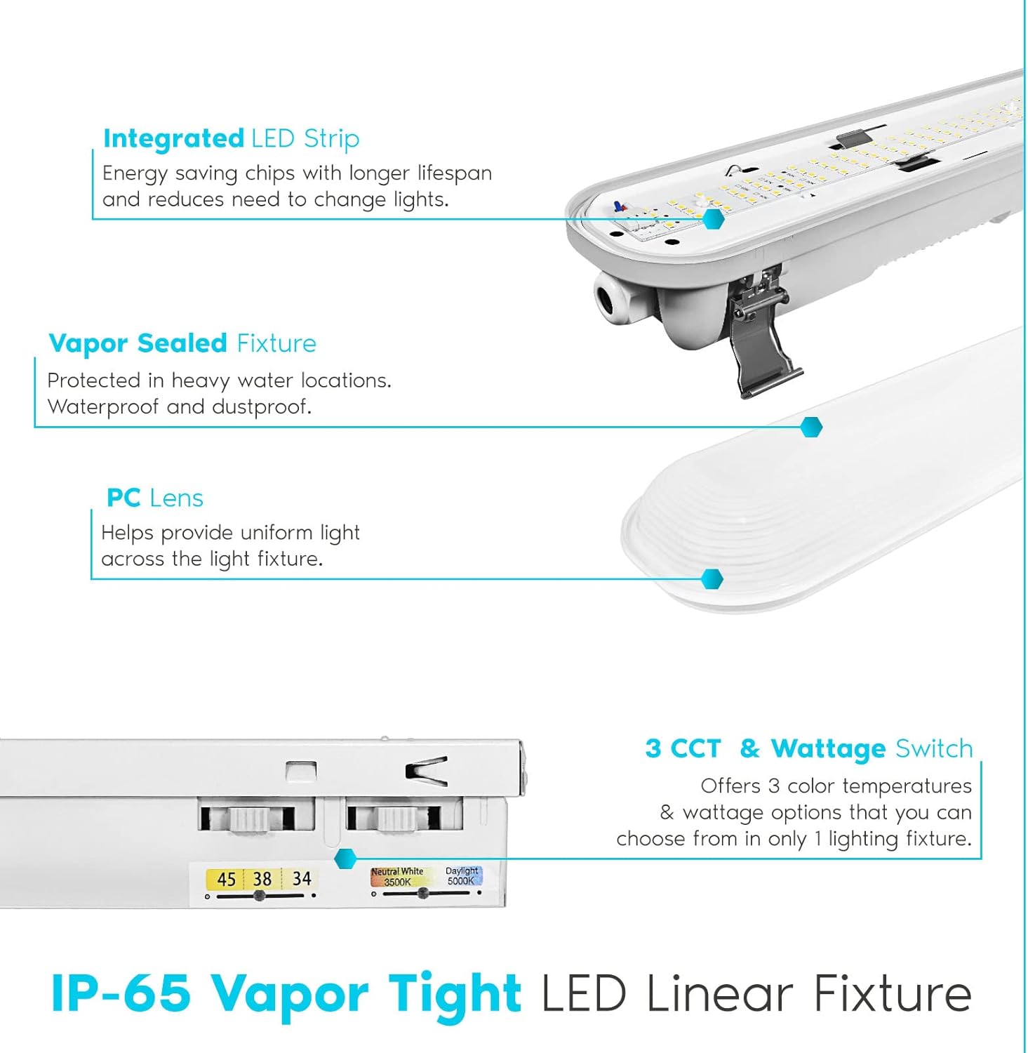LUXRITE 4FT Vapor Tight LED Light Fixture, 34/38/45W, 3 Color Selectable 3500K-5000K, 4658/5092/5895 Lumens, IP65 Vapor Proof Light Fixture, Dimmable, 4 Foot Outdoor Shop Light, DLC, UL Listed
