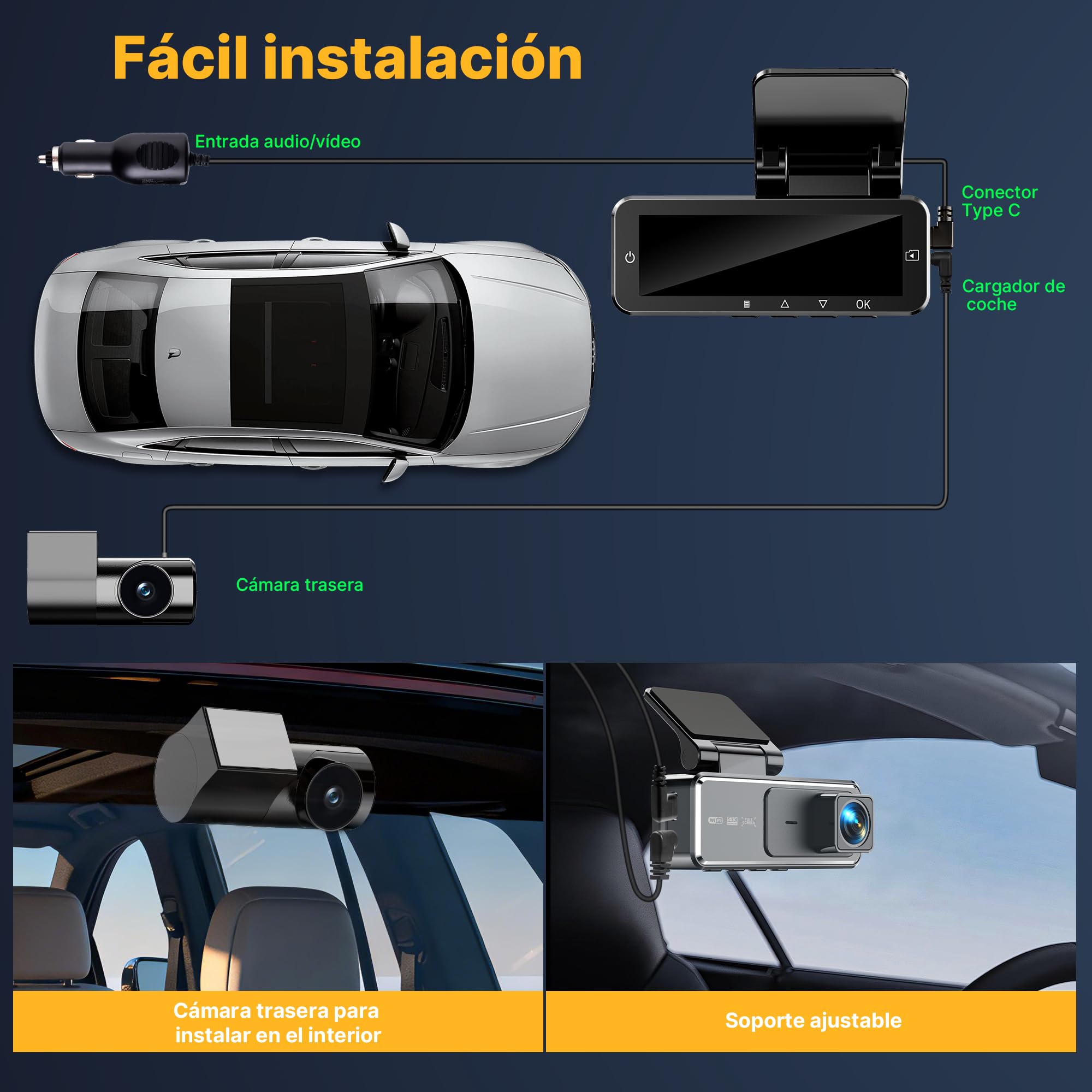 Dashcam Coche Delantera Trasera 4K+1080P, Cámara de Salpicadero 3.19 Pulgadas IPS, Tarjeta SD 64GB, Sensor G 170° Gran Angular, WiFi, Visión Nocturna, Estacionamiento 24H, Grabación en Bucle