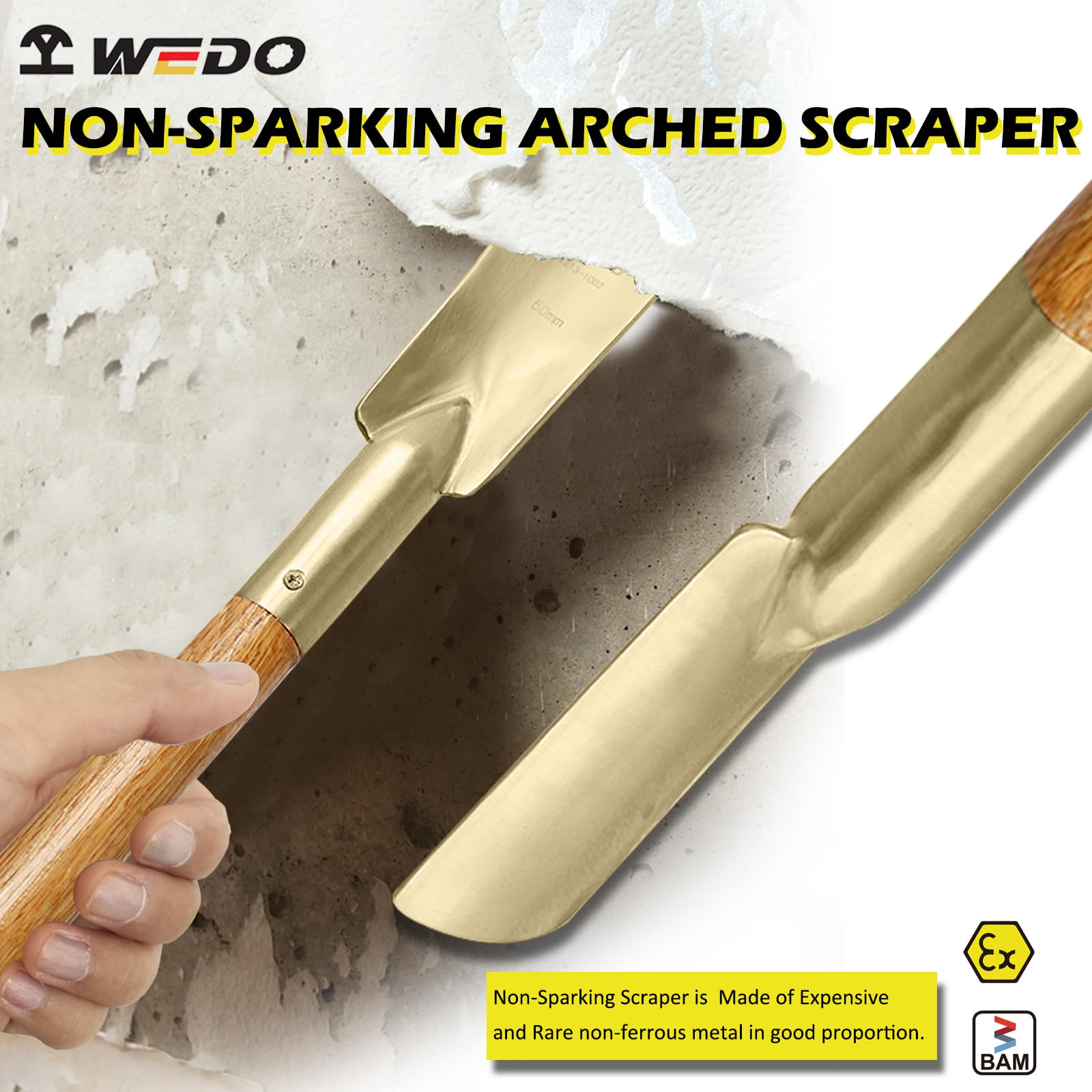 WEDO Herramienta raspadora sin chispas, raspador de suelo, hoja en forma de arco de 50 x 120 mm, longitud 690 mm, bronce de aluminio, raspador de pintura sin chispas, certificado BAM/FM, ampliamente