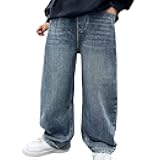 Boys Baggy Jeans Versatile Wide Leg Straight Denim Trousers Kids Vintage Stretchy Pants with Pockets