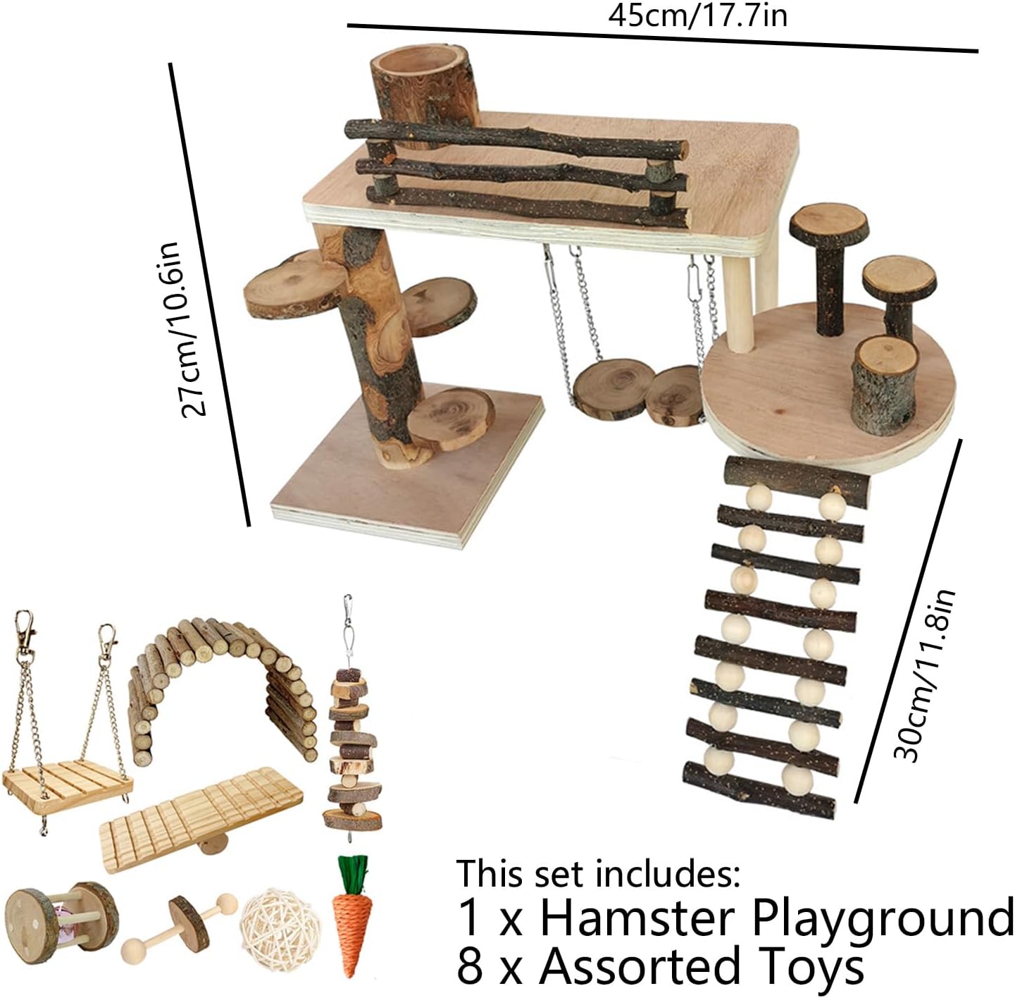 Wooden Hamster Playground & Activity Set, Hamster Climbing Toy, with Platform, Bridge, and Ladders for Small Pets (Wooden)
