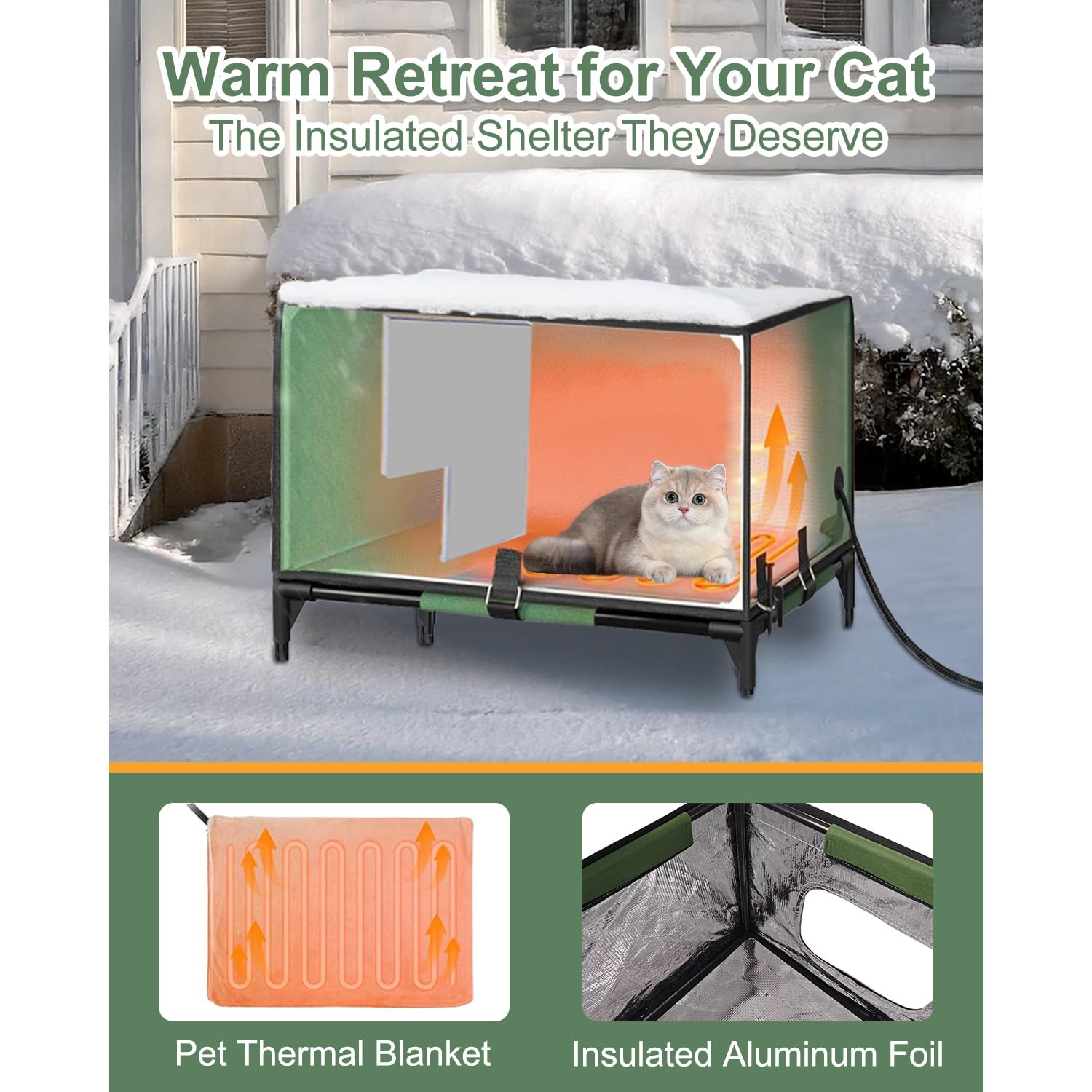 Heated Cat House for Outside with Escape Hatch, Insulated Outdoor Feral Cat House Weatherproof, Detachable Clawsable Heated Cat House for Outside Stray and Barn Cats