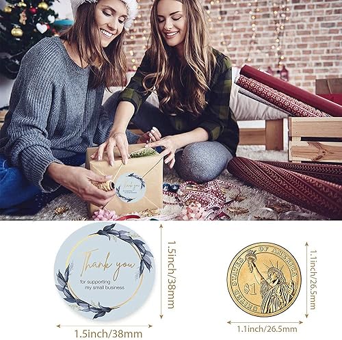 500 Business Thank You Stickers in roll, 1.5" Round Size|Solf Blue Flower Bunch Design with Gold Foil | Highly Recommended for Small Business Owners