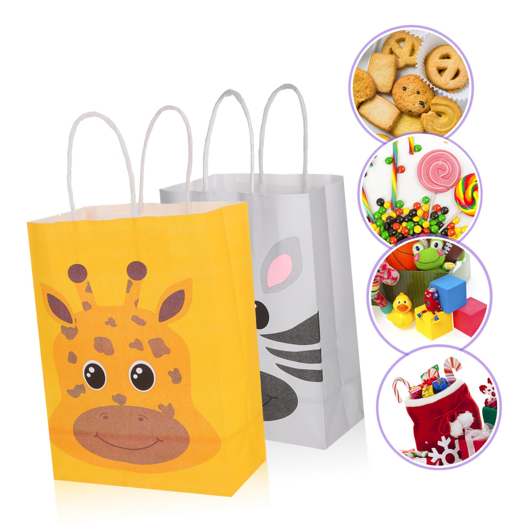 SKISUNO Geschenktüten Vielseitig Einsetzbar aus Kraftpapier mit Tiermotiven 24 Stück und Henkel in Verschiedenen Farben für Kindergeburtstag und Partys