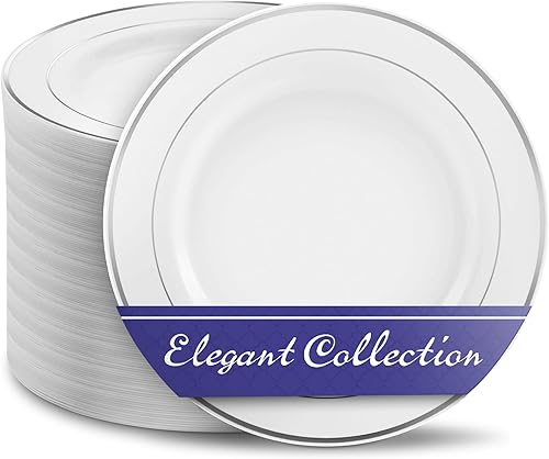 Platos de plástico desechables de 10.25 pulgadas (paquete de 100) platos de boda blancos y plateados, juego de 100 invitados, elegantes platos de