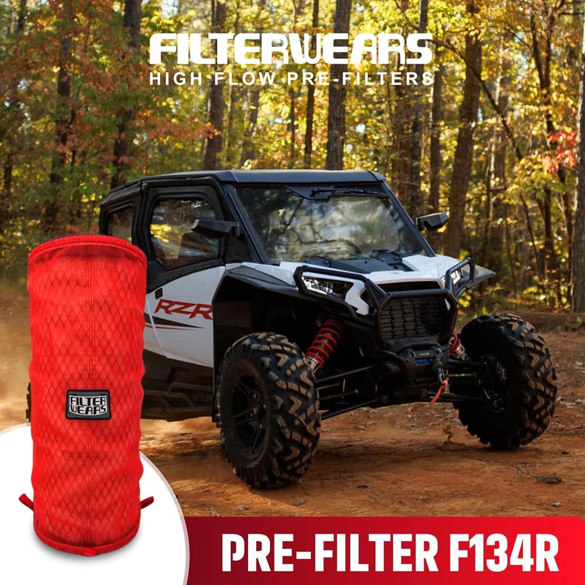FILTERWEARS Pre-Filter F134R For Polaris RZR XP 1000 Stock Air Filters 1240822 1240957 1241084 7082097, K&N PL-1014; RED