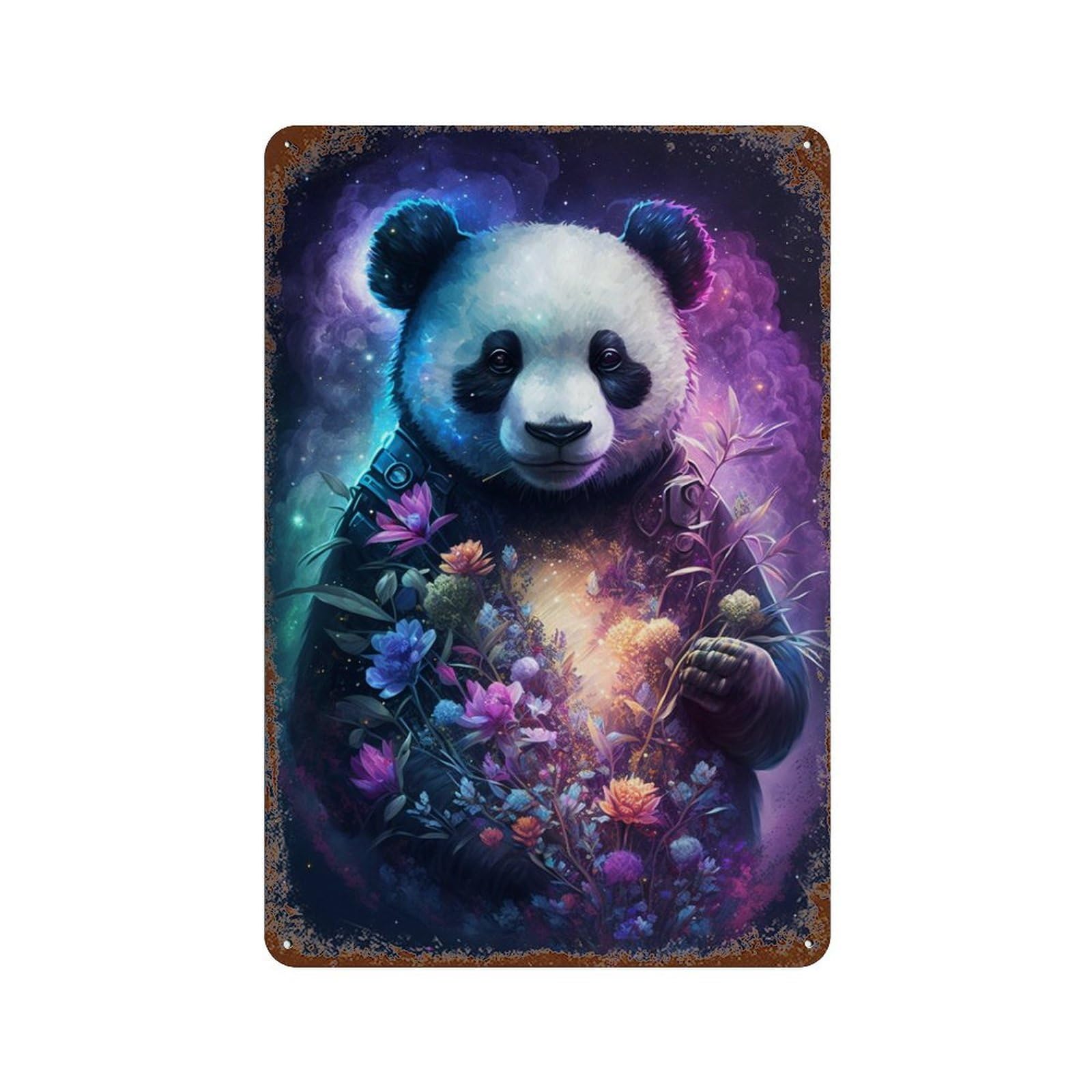 Fantasy Panda with Flowers Rusty Metal Tin Sign 11.8"x7.9", Old School Wall Decor for Garage, Pub Or Kitchen