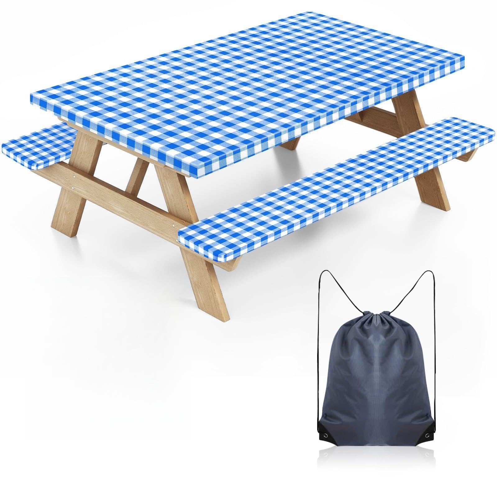 FOAAXSG Tablecloth Plaid Picnic Table Cover with Bench Covers, Waterproof Elastic Fitted Tablecloth for 183CM Rectangle Camping(Color3)