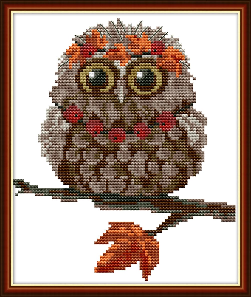 Meecaa Owl 6 Cross Stitch Kits 14 Count Stamped, Owl Branch Embroidery Kit With Accessories Pre Printed（19×22Cm (Owl 6)