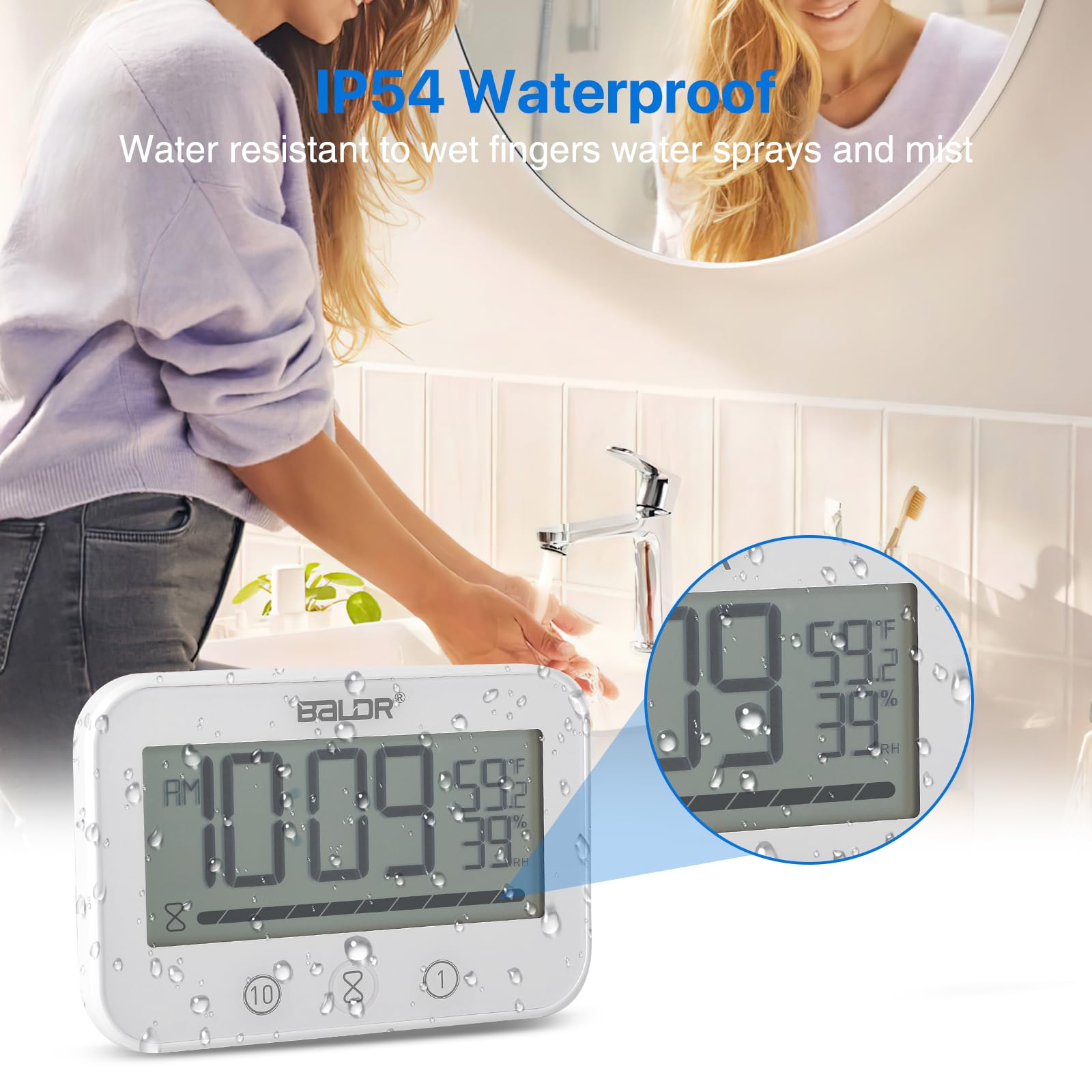 ZONJIE Orologio da doccia – Timer da doccia impermeabile per bagno, conto alla rovescia, orologio da bagno alimentato a batteria con indicatore di temperatura e umidità