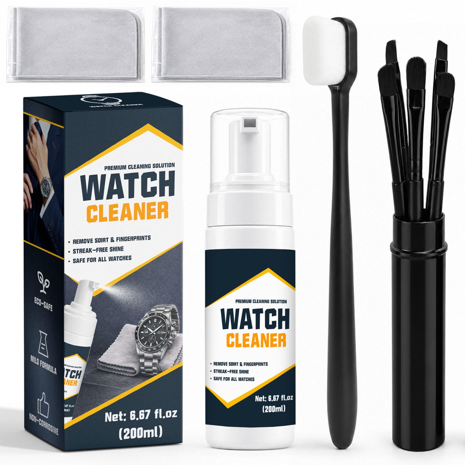 Kit di pulizia per orologi, formula delicata, rimuove sporco, impronte digitali e sudore in modo sicuro, set portatile con spray detergente per orologi e pennelli per uso domestico in viaggio
