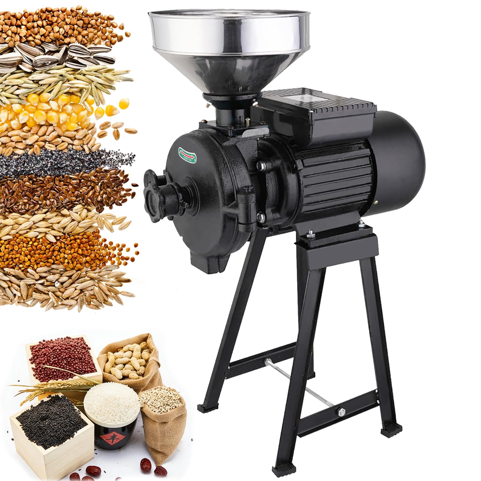 Broyeur de Grains Électrique 1500W, Moulin à Maïs Commercial Robuste avec Entonnoir, Machine de Broyage Sec et Humide Rapide, Finesse Réglable, Haute Efficacité pour Riz/Blé/Café/Céréales