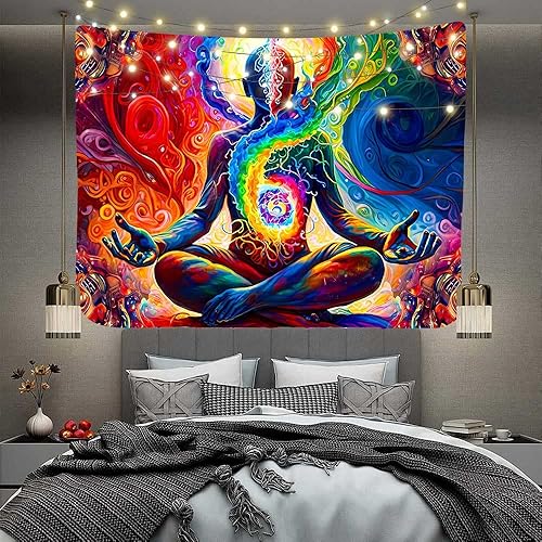 Miniatura 8 de Aidatain Tapiz de meditación de yoga  Arte de pared espacial colorido, mandala espiritual, tamaño 80 x 60 pulgadas  Manta de playa para sala de