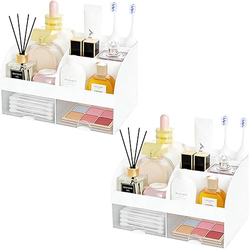Miniatura 8 de Organizador de maquillaje con 2 cajones, almacenamiento de cosméticos para tocador y encimera de baño, organización de maquillaje y almacenamiento