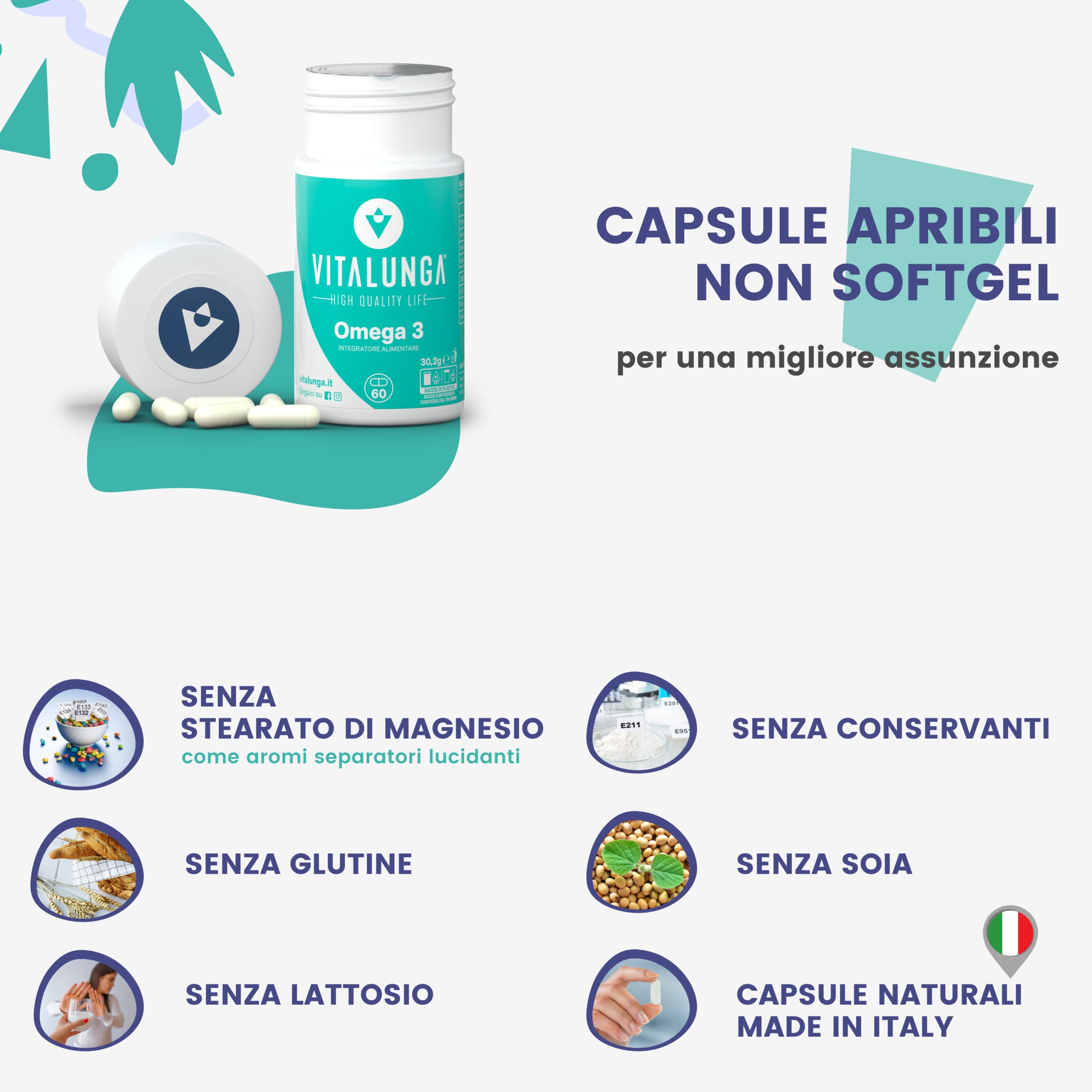 Omega 3 Ad Altissimo Dosaggio 900 mg Di EPA e DHA Forma Attiva Dell’Olio Di Pesce E 9 Mg Di Vitamina E 60 Capsule Naturali Di Acidi Grassi Essenziali Omega 3 Puro Made In Italy Vitalunga