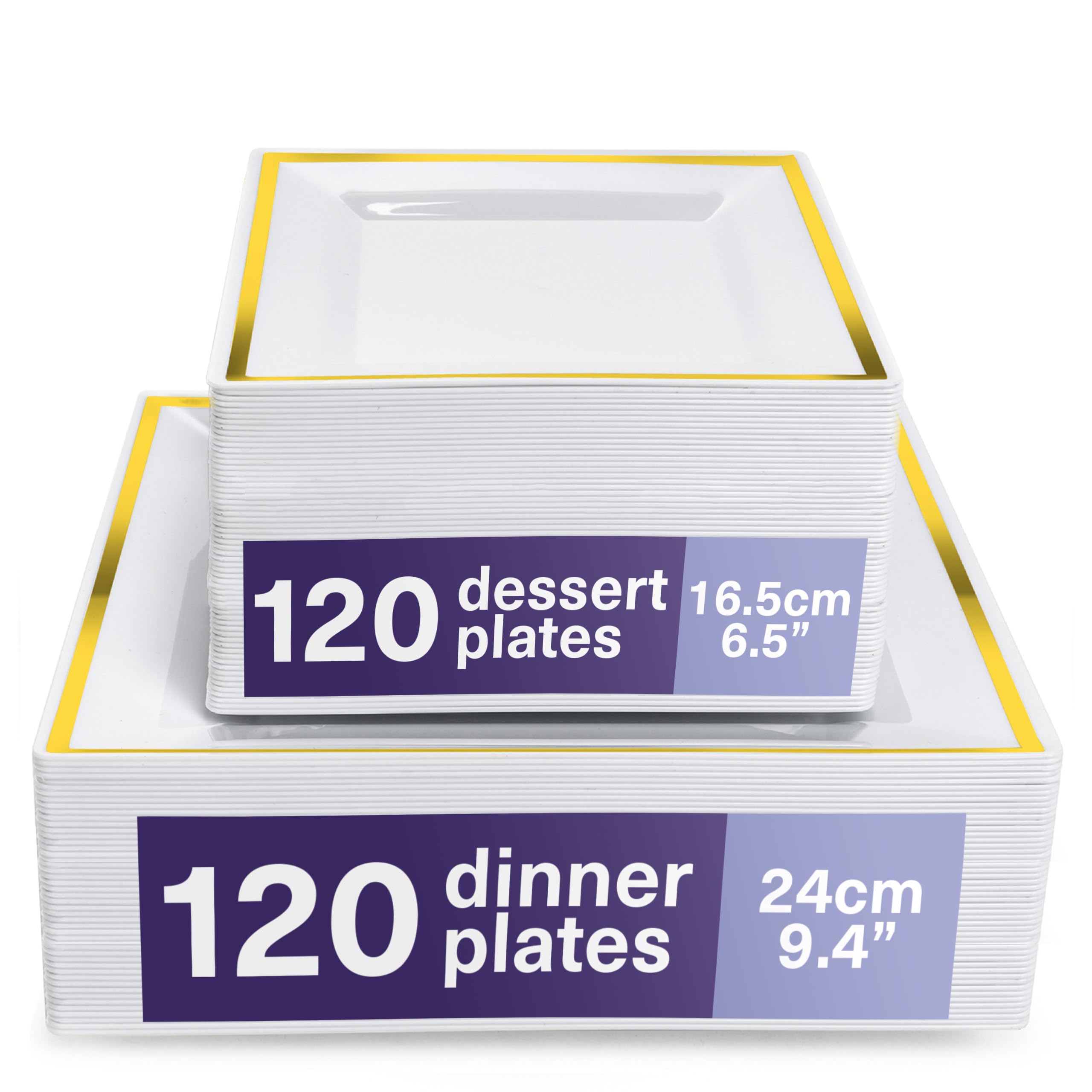 MATANA 240 Premium White Square Plastic Plates With Gold Rim - 120 24cm Dinner, 120 16.5cm Dessert - Elegant & Reusable for Weddings, Birthdays, BBQ, Parties